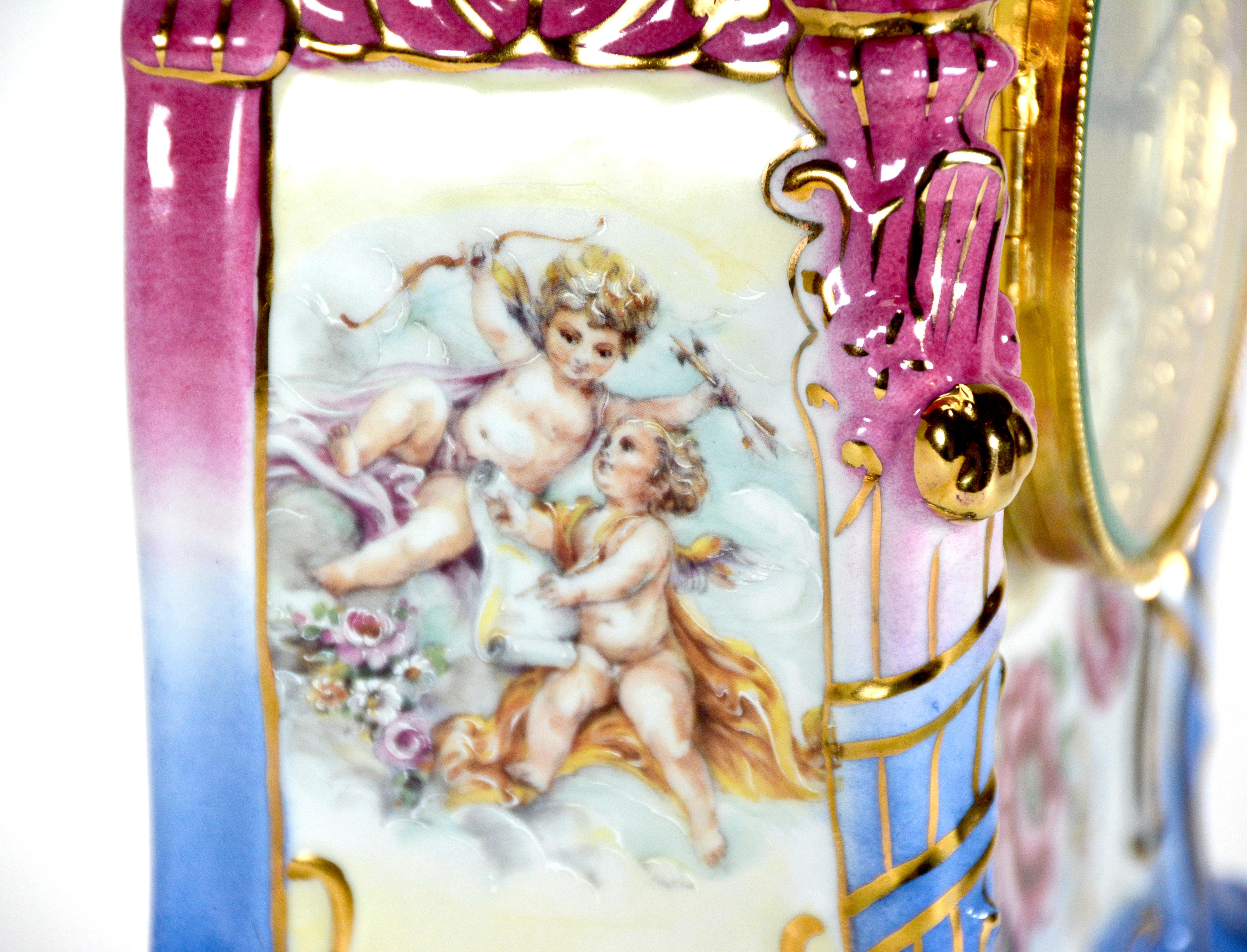 Ansonia Style Visible Escapement Pink & Blue Floral 24K Porcelain Mantle Clock For Sale 6
