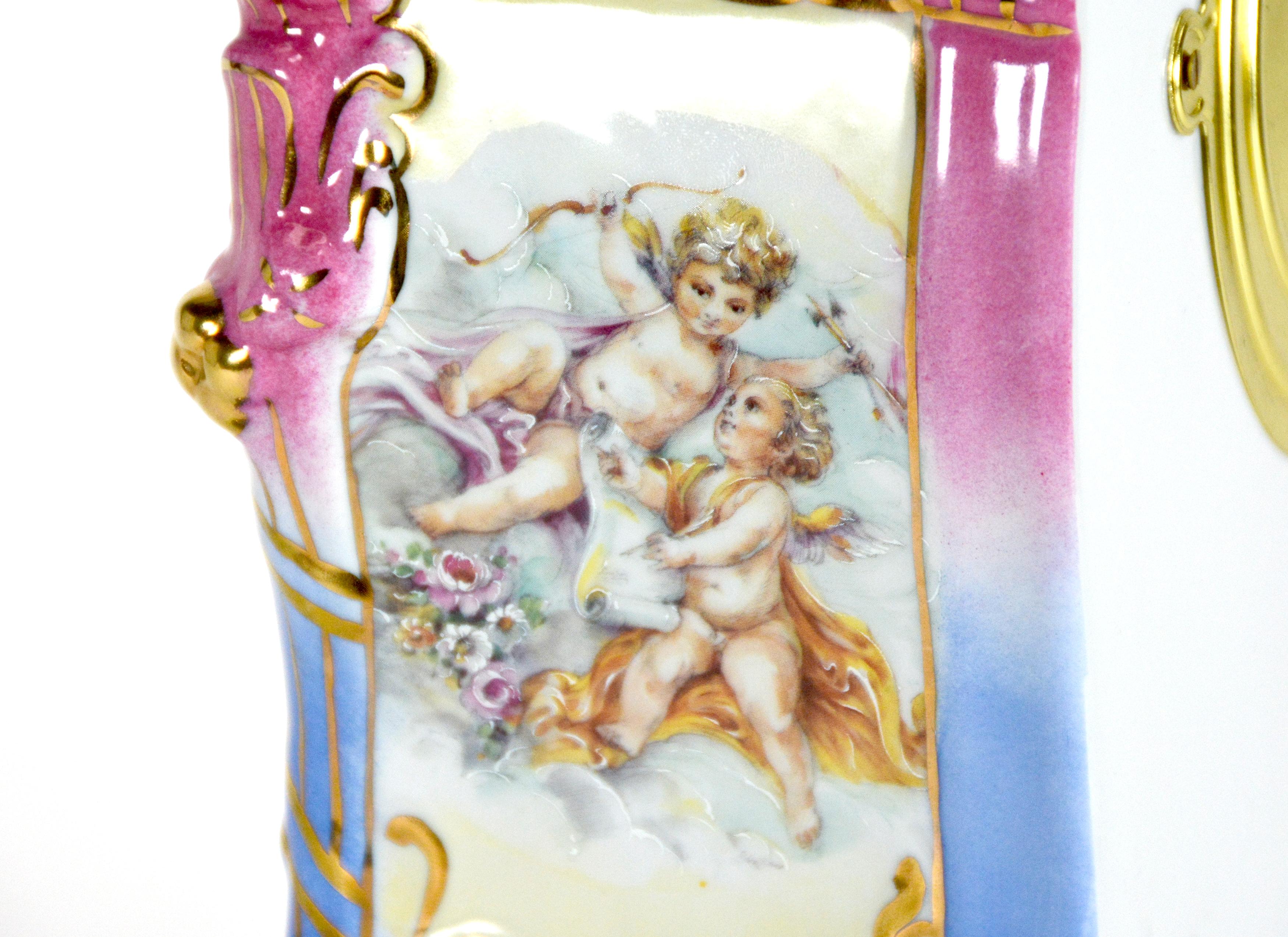 Ansonia Style Visible Escapement Pink & Blue Floral 24K Porcelain Mantle Clock For Sale 8