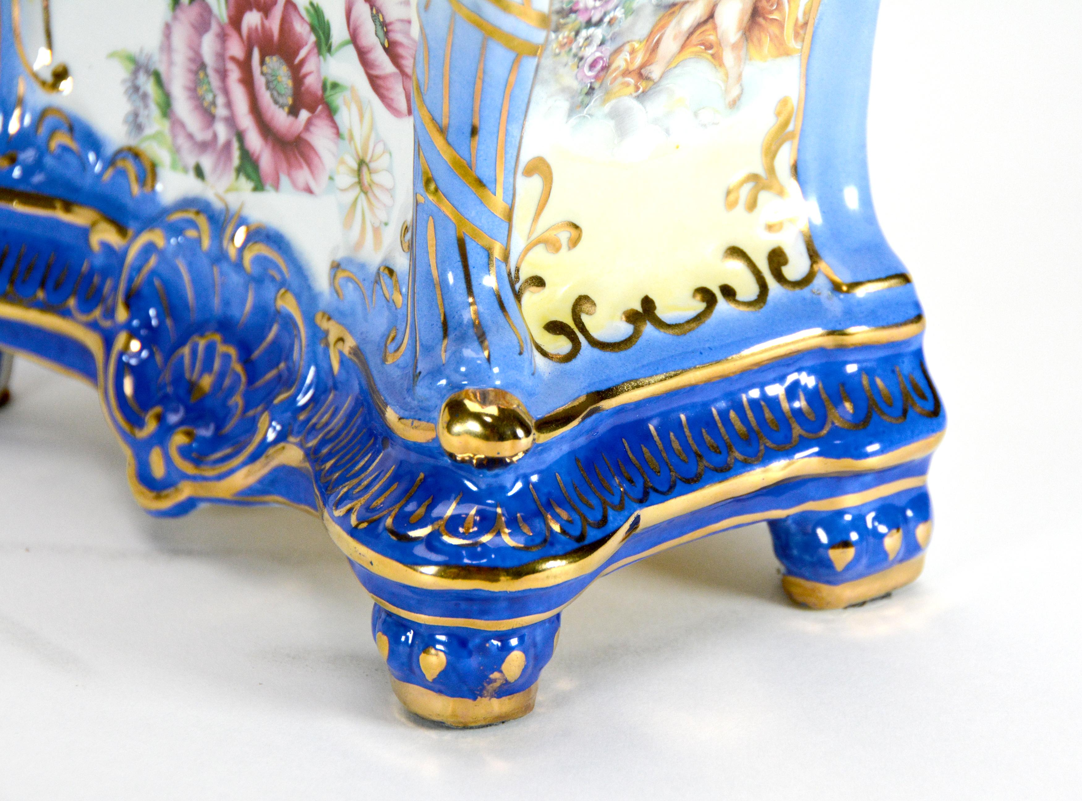 Ansonia Style Visible Escapement Pink & Blue Floral 24K Porcelain Mantle Clock For Sale 9