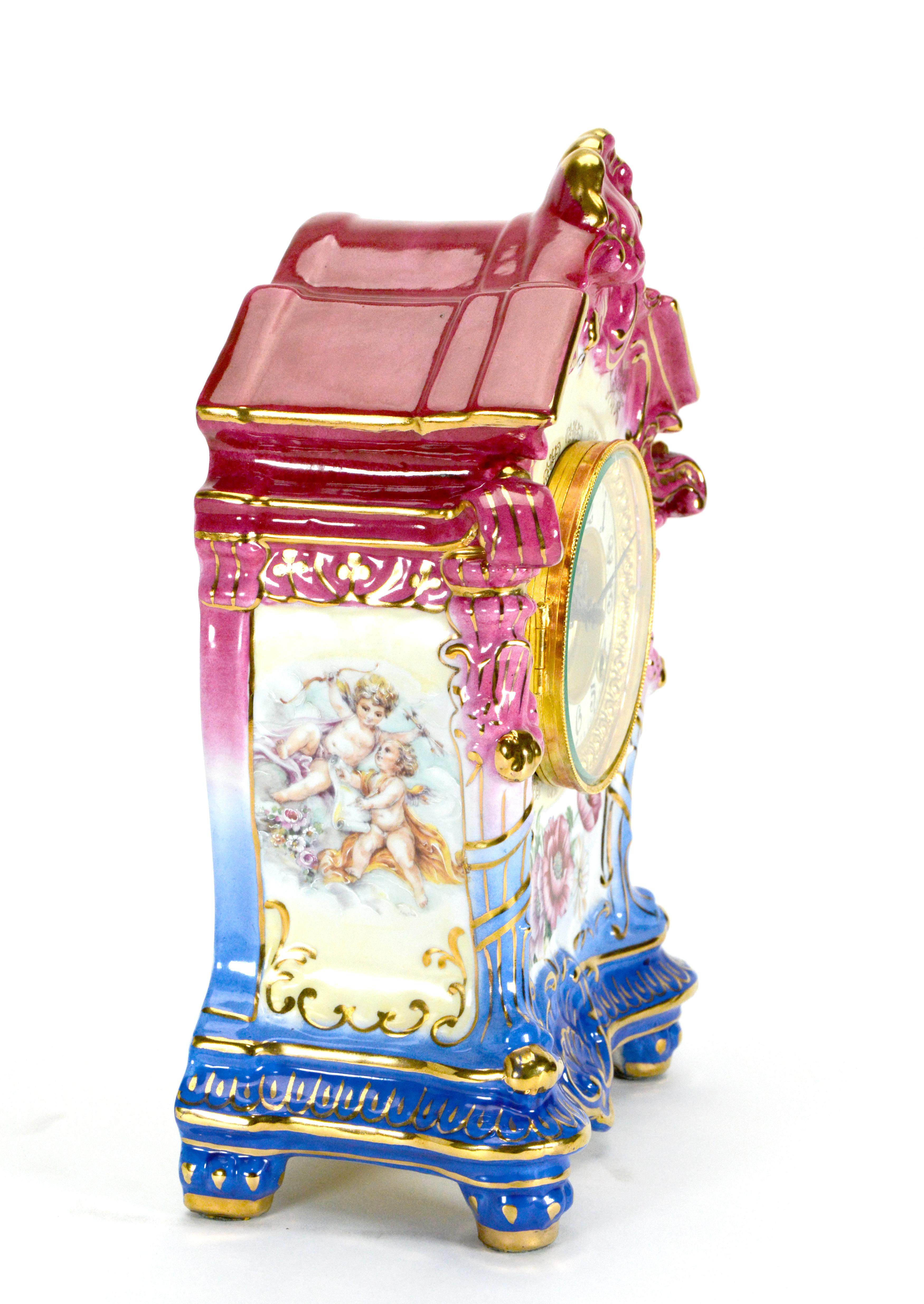 This is one of the most beautiful porcelain clocks. It has beveled glass bezel over the 2 piece porcelain dial. The entire clock case is made of real porcelain, not those cheap clay cases. It's hand painted with colorful flowers. This clock features