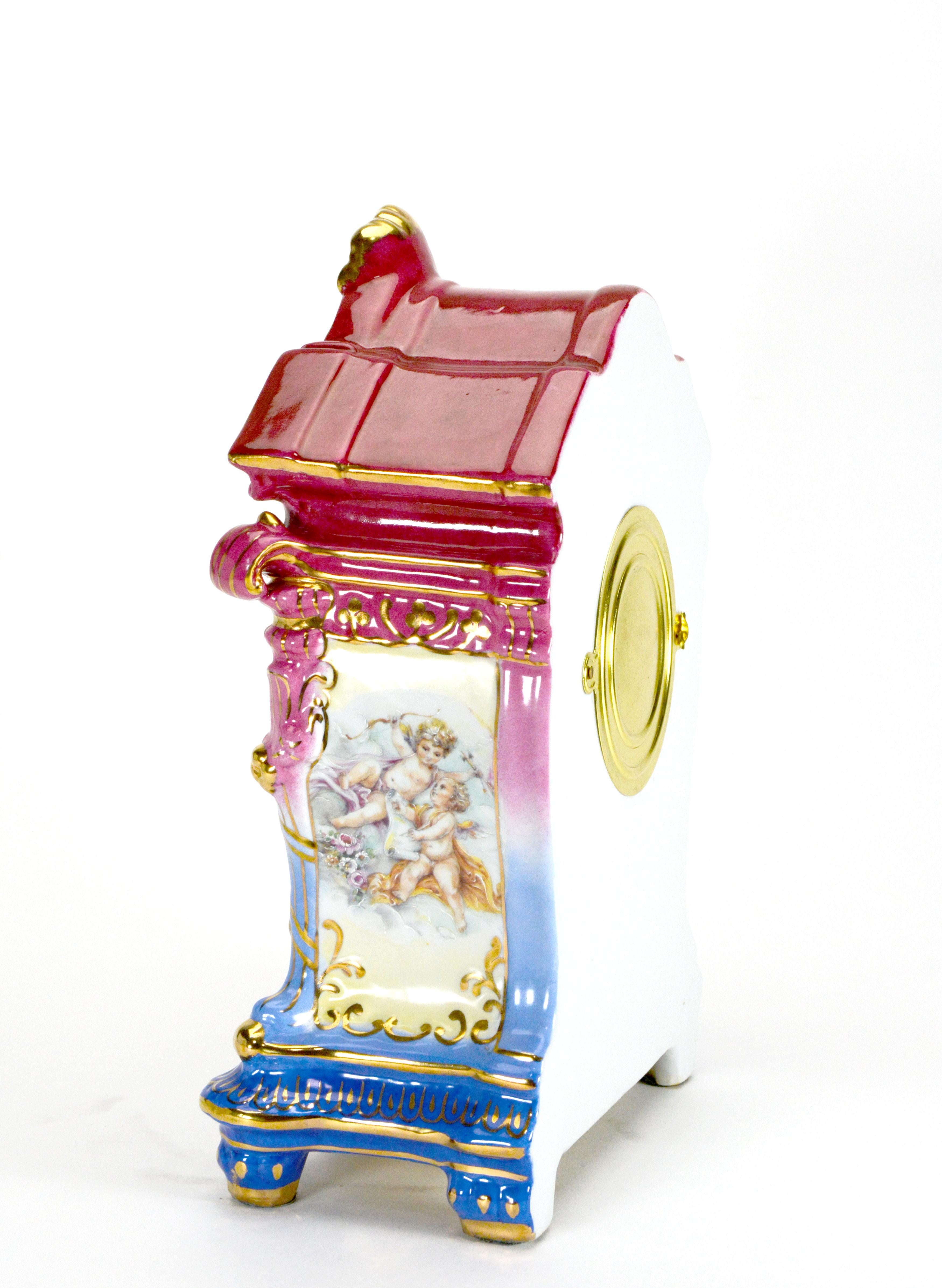 20th Century Ansonia Style Visible Escapement Pink & Blue Floral 24K Porcelain Mantle Clock For Sale