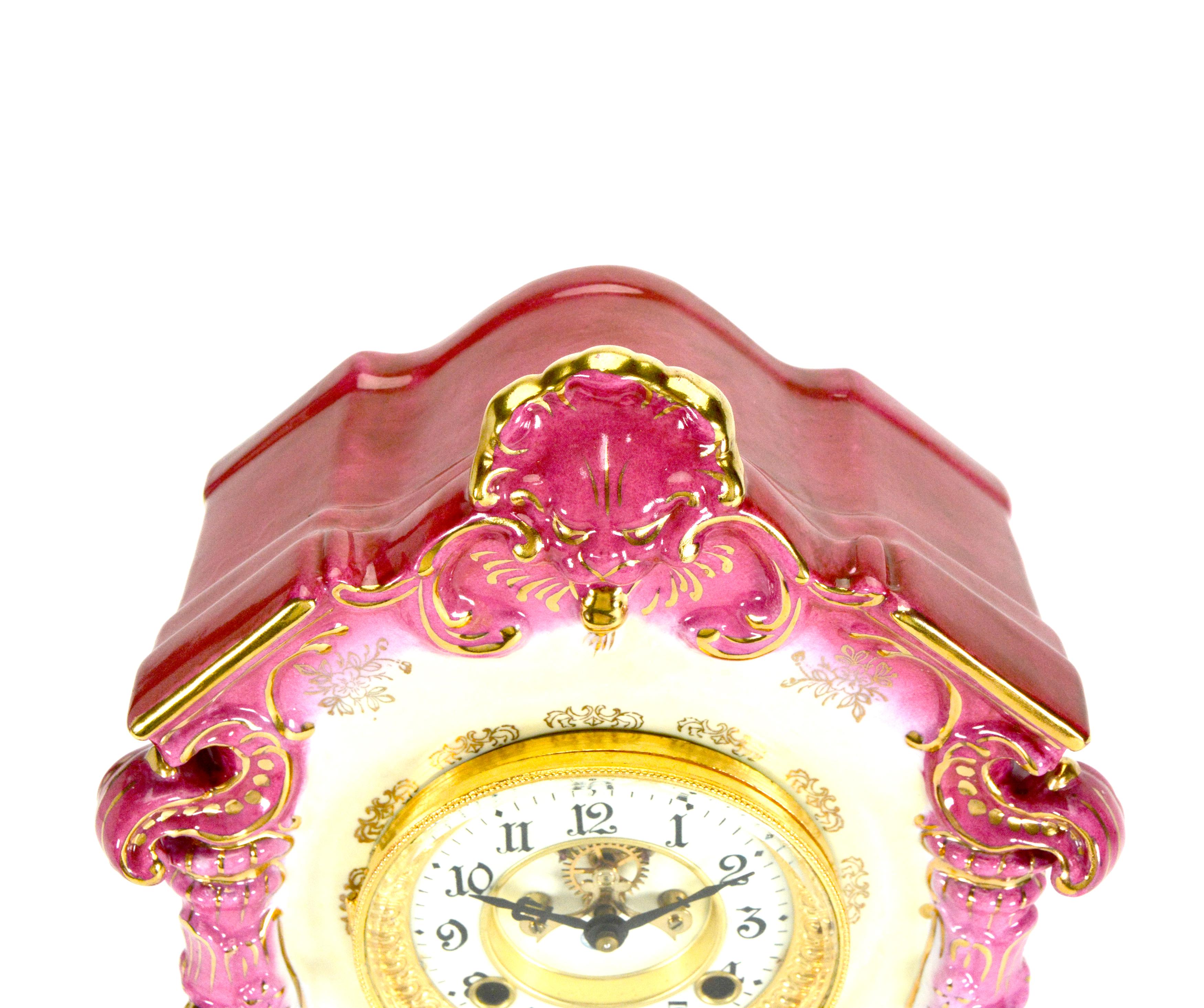 Gold Plate Ansonia Style Visible Escapement Pink & Blue Floral 24K Porcelain Mantle Clock For Sale