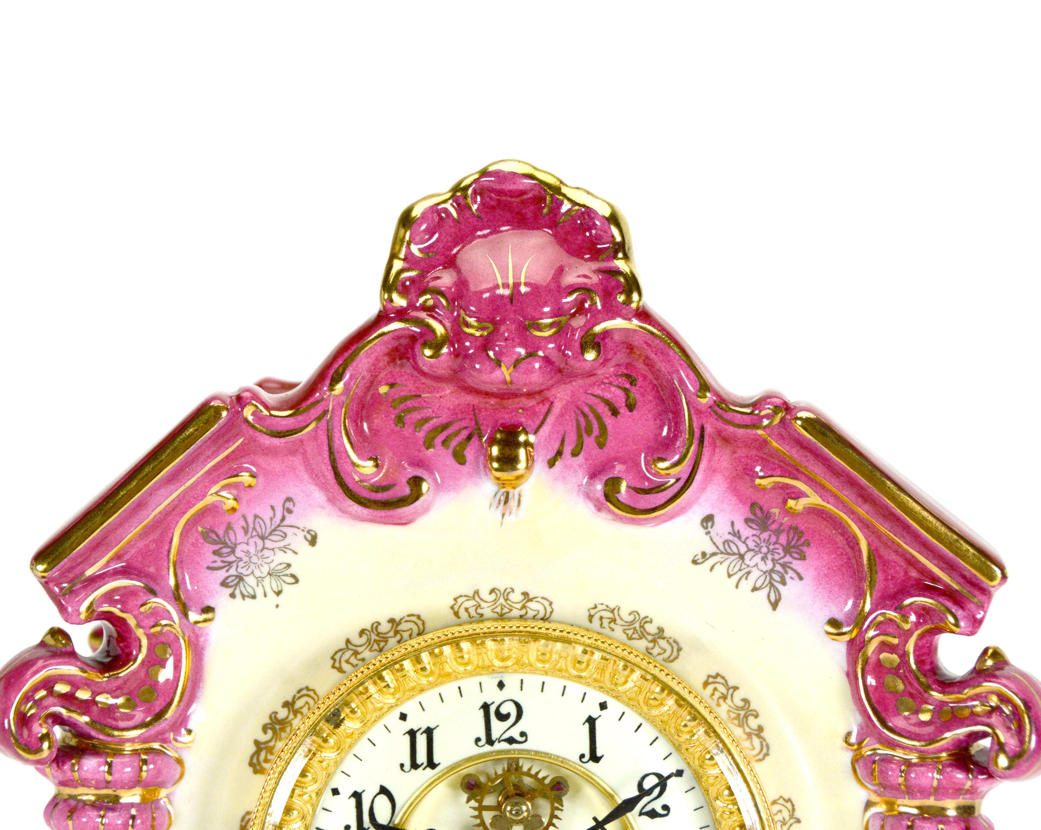 Gold Plate Ansonia Style Visible Escapement Pink & Blue Floral 24K Porcelain Mantle Clock For Sale