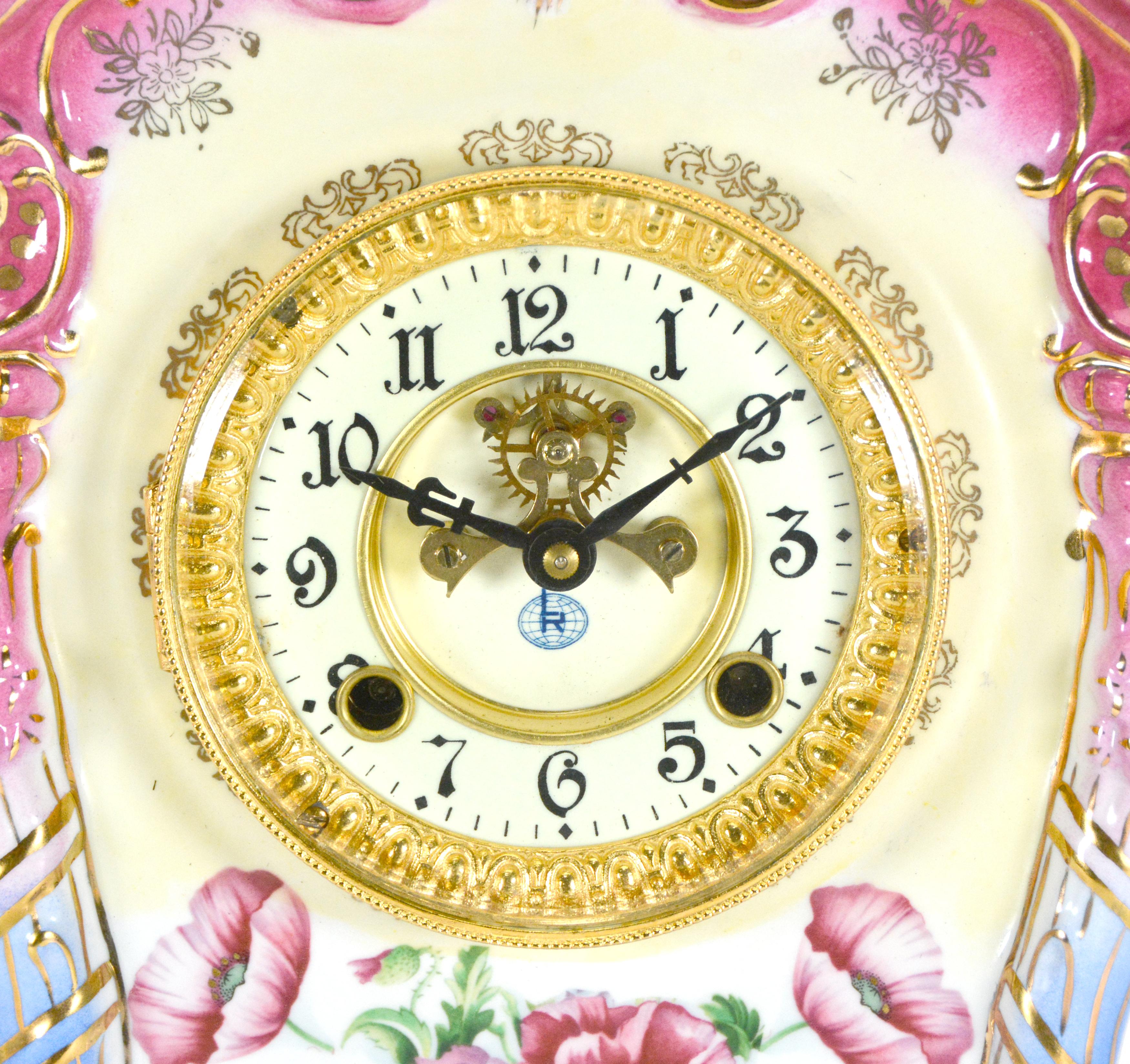 Ansonia Style Visible Escapement Pink & Blue Floral 24K Porcelain Mantle Clock For Sale 2