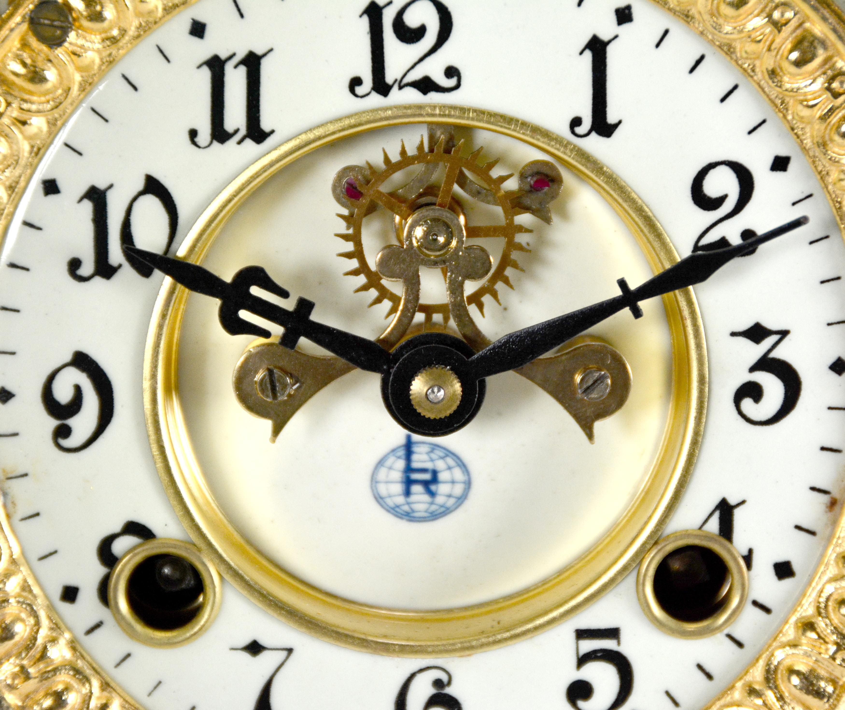 Ansonia Style Visible Escapement Pink & Blue Floral 24K Porcelain Mantle Clock For Sale 2