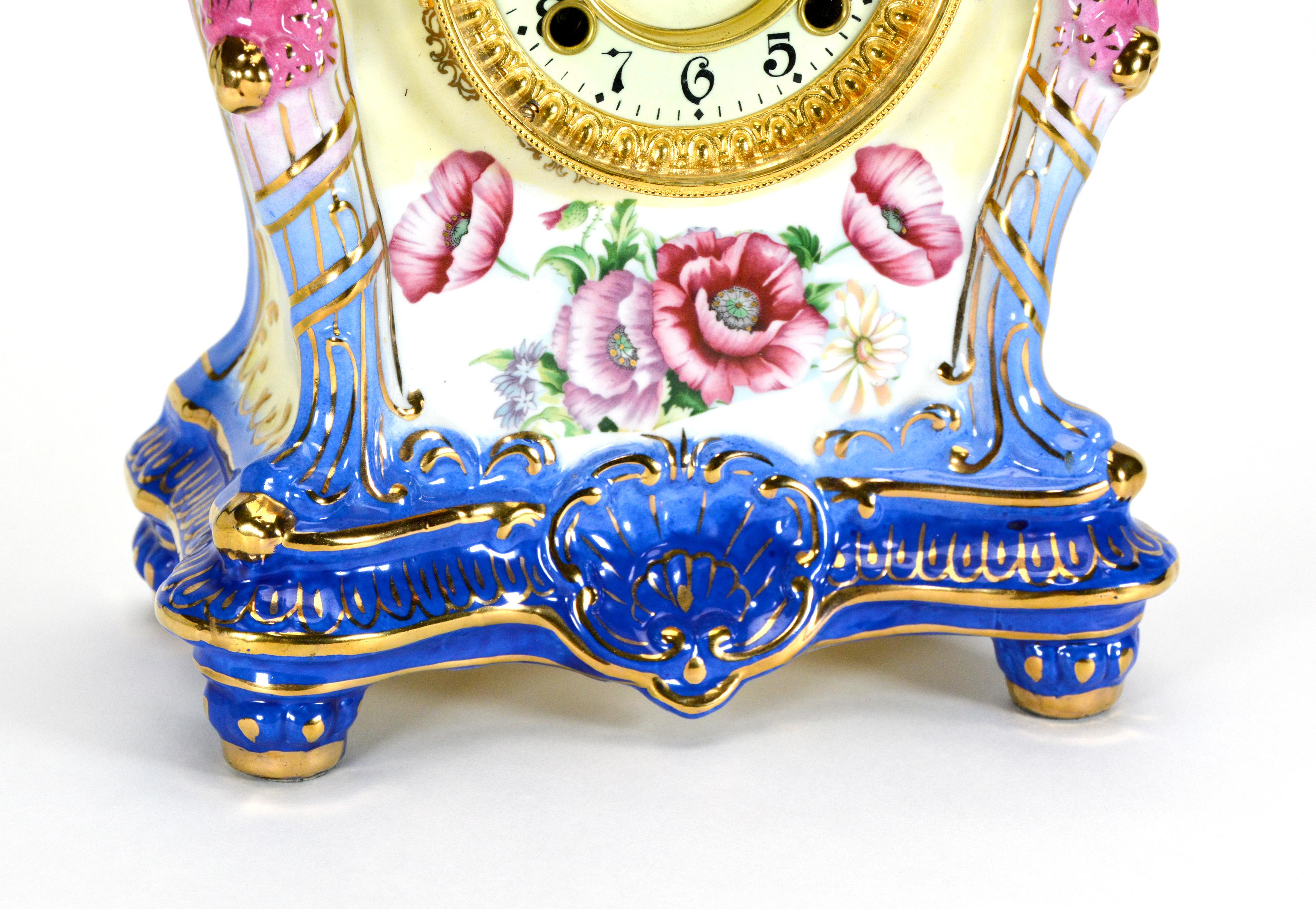 Ansonia Style Visible Escapement Pink & Blue Floral 24K Porcelain Mantle Clock For Sale 4