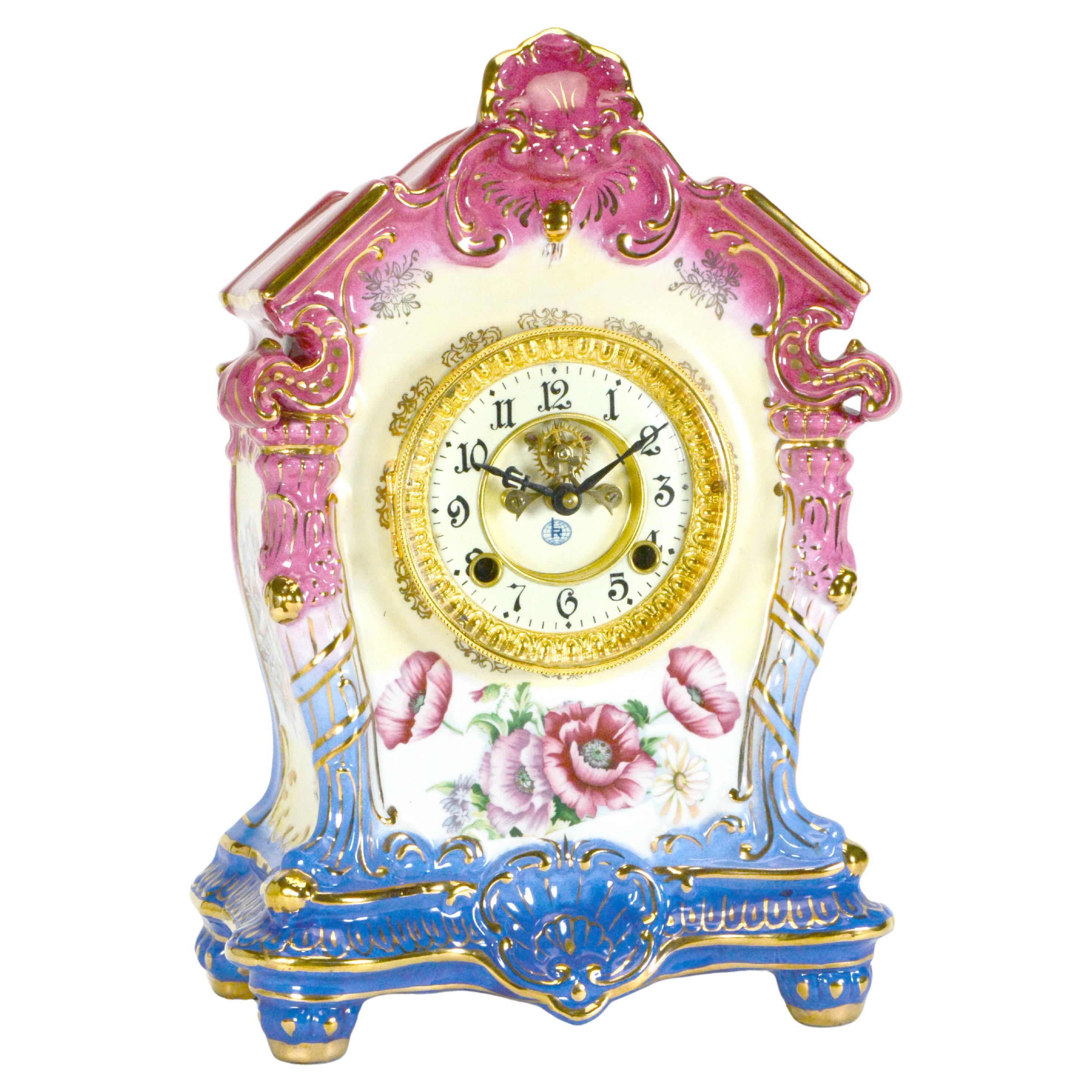 Ansonia Style Visible Escapement Pink & Blue Floral 24K Porcelain Mantle Clock For Sale