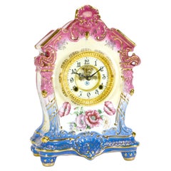Ansonia Style Visible Escapement Pink & Blue Floral 24K Porcelain Mantle Clock