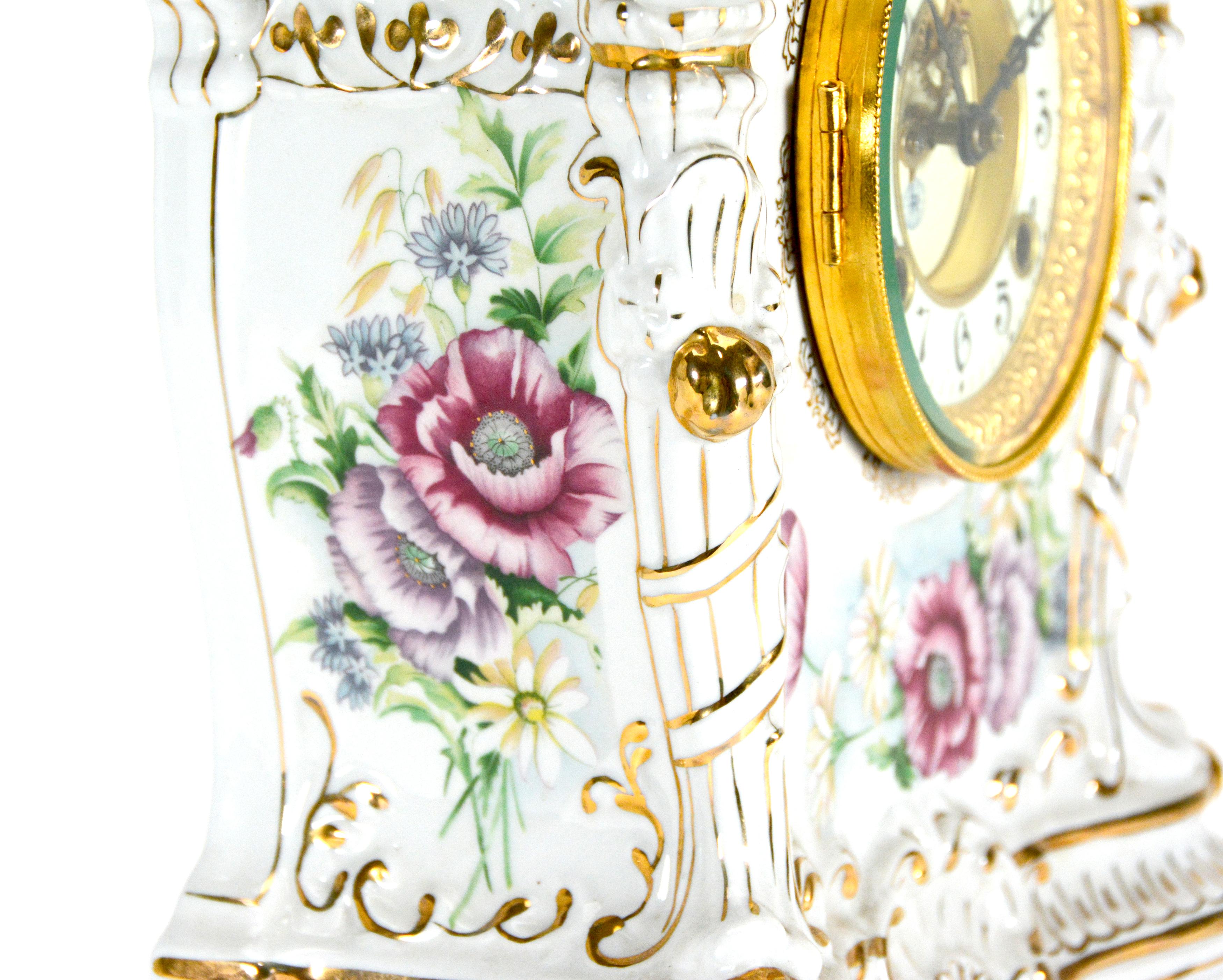 Ansonia Style Visible Escapement White Floral 24K Porcelain Mantle Clock For Sale 3