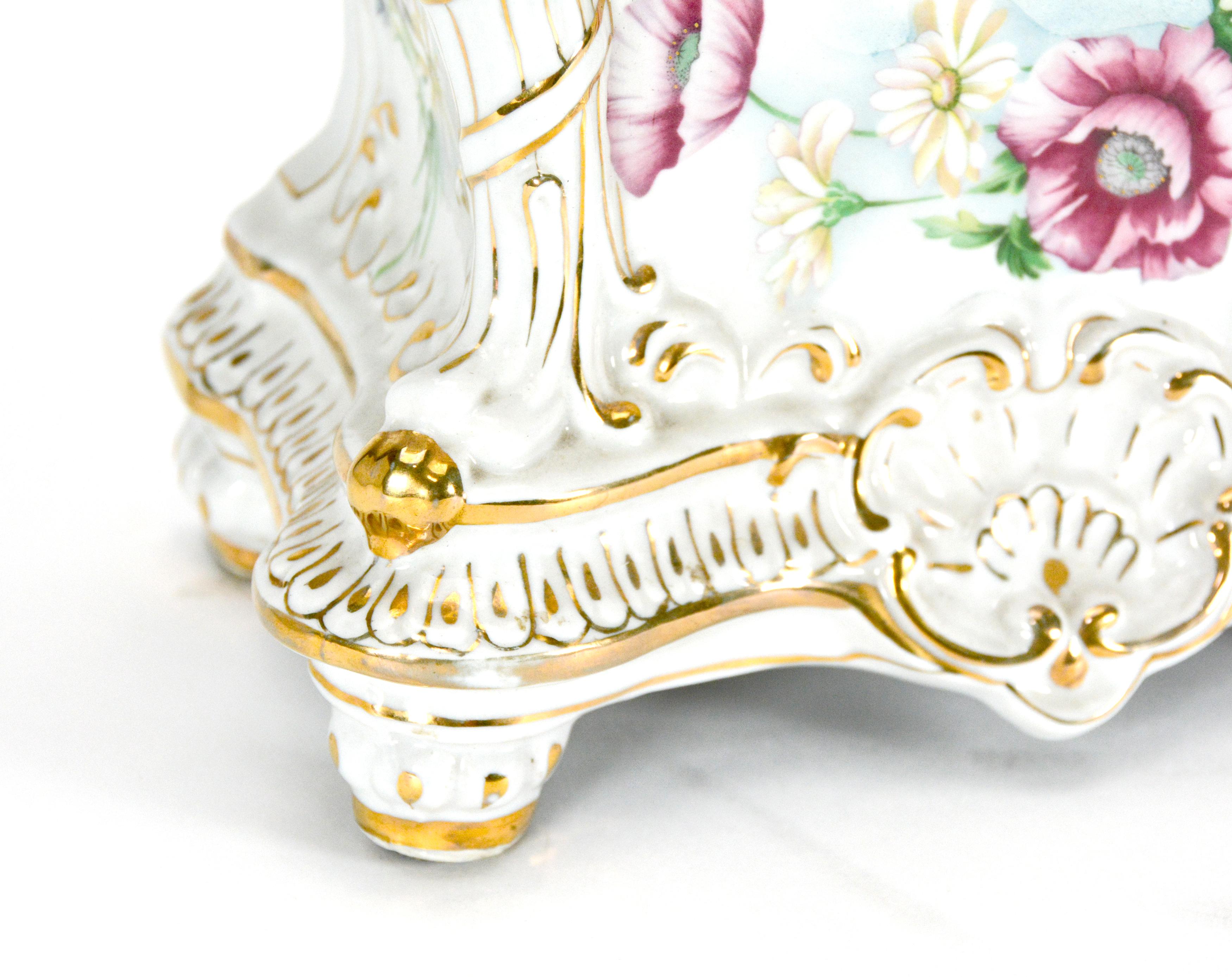 Ansonia Style Visible Escapement White Floral 24K Porcelain Mantle Clock For Sale 4