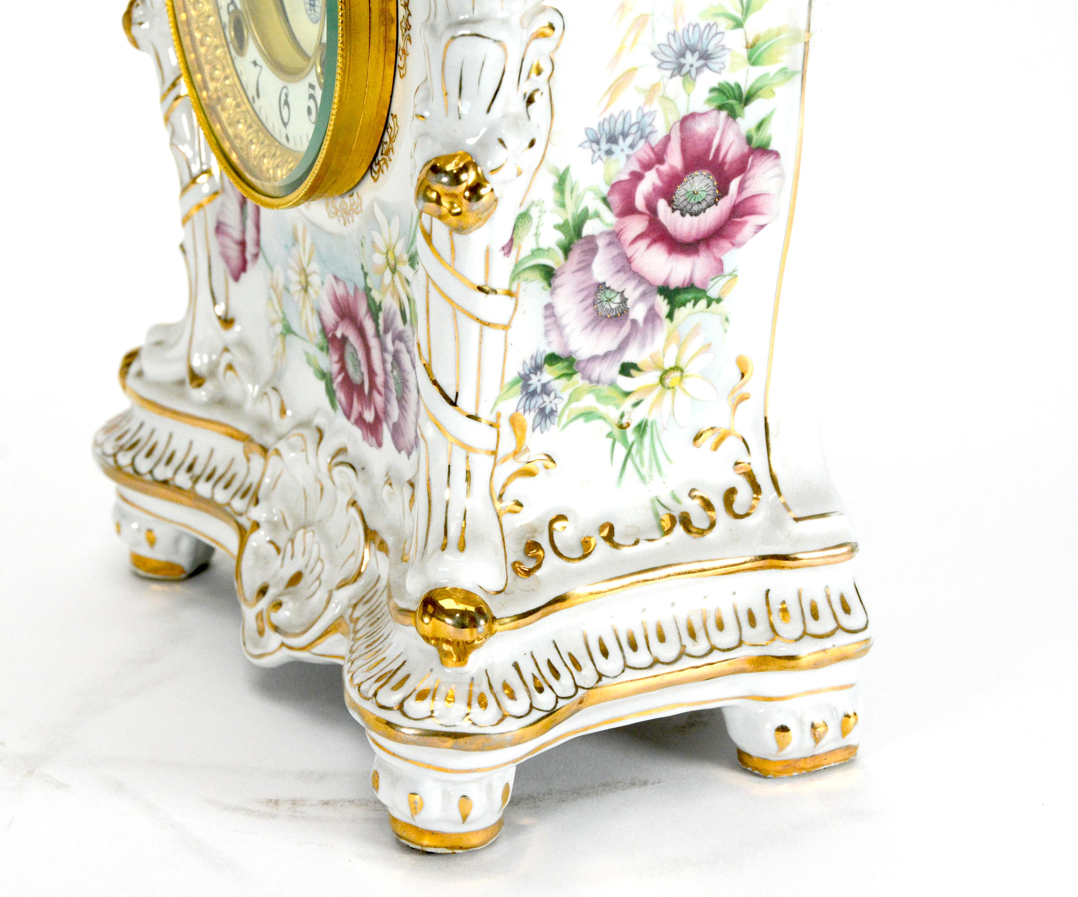 Ansonia Style Visible Escapement White Floral 24K Porcelain Mantle Clock For Sale 5