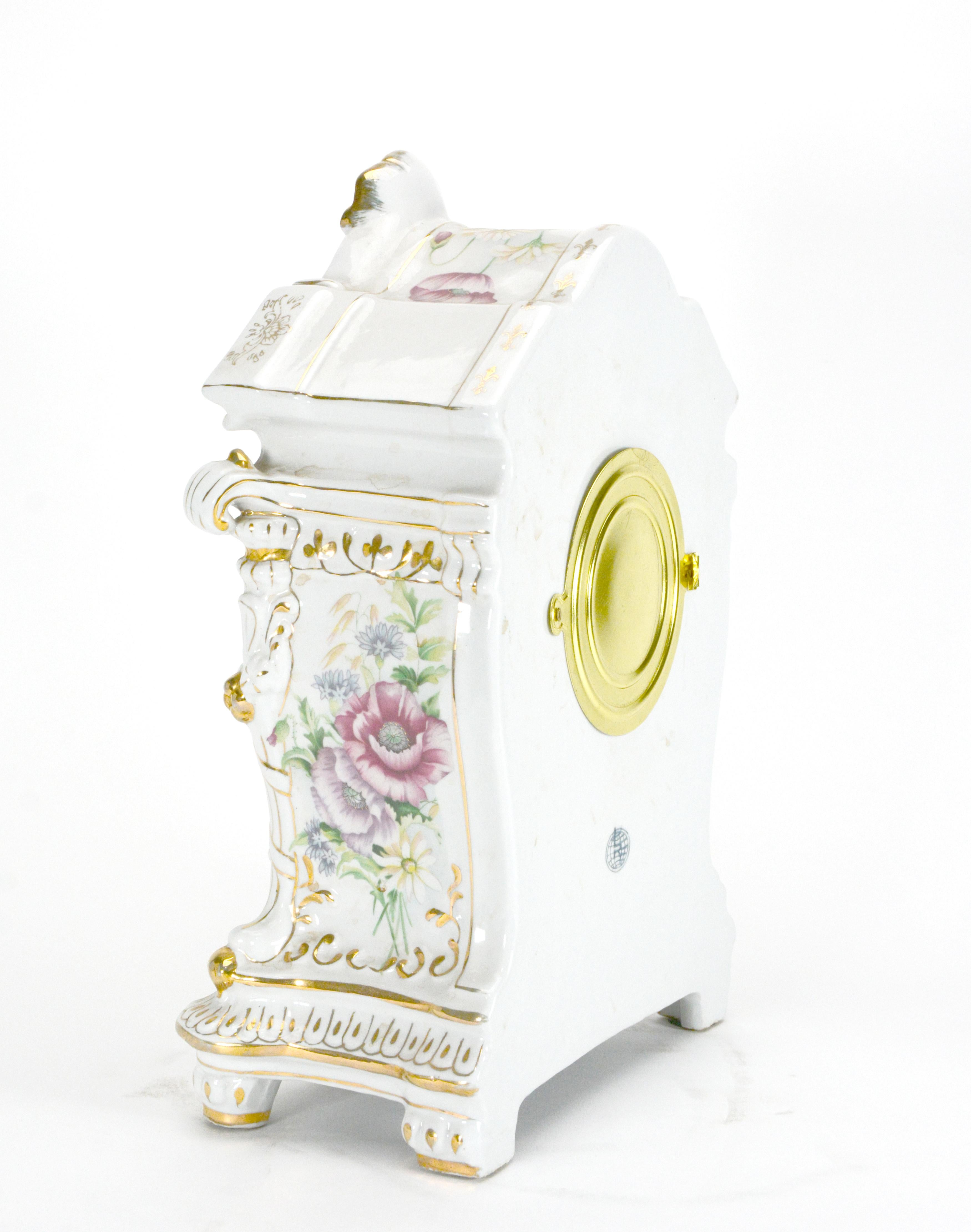 Ansonia Style Visible Escapement White Floral 24K Porcelain Mantle Clock For Sale 7