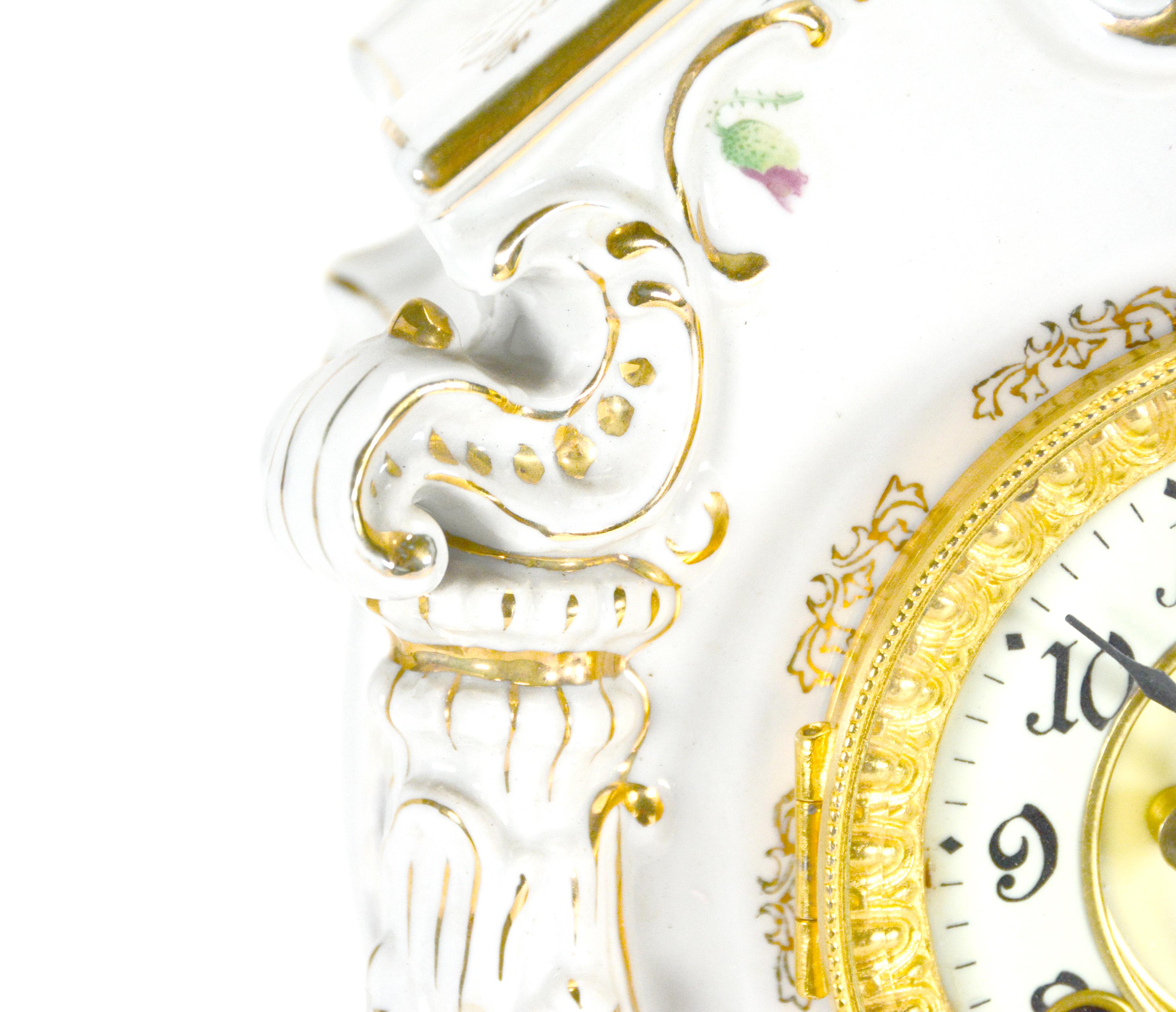 Ansonia Style Visible Escapement White Floral 24K Porcelain Mantle Clock In Good Condition For Sale In Danville, CA