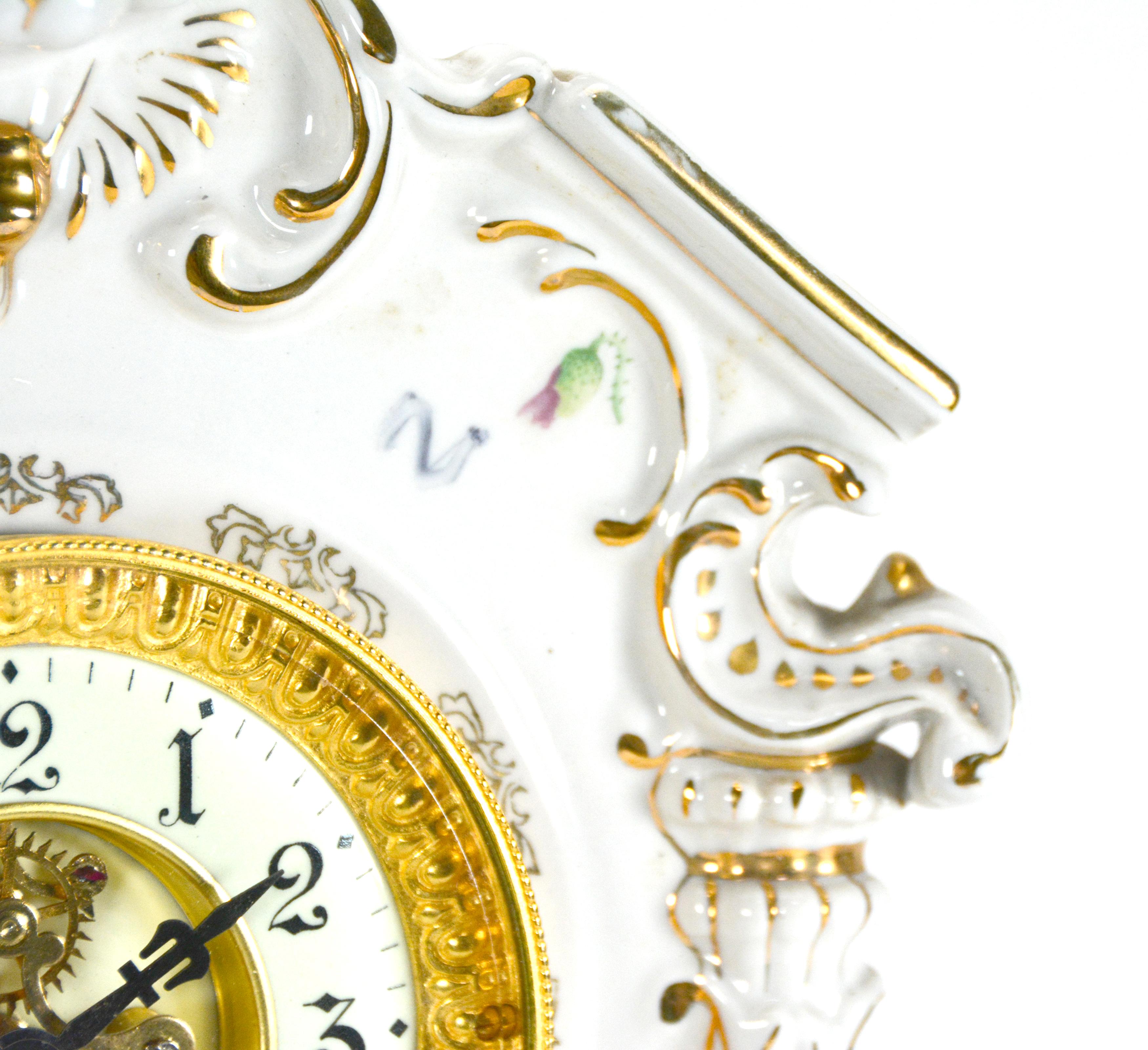 20th Century Ansonia Style Visible Escapement White Floral 24K Porcelain Mantle Clock For Sale