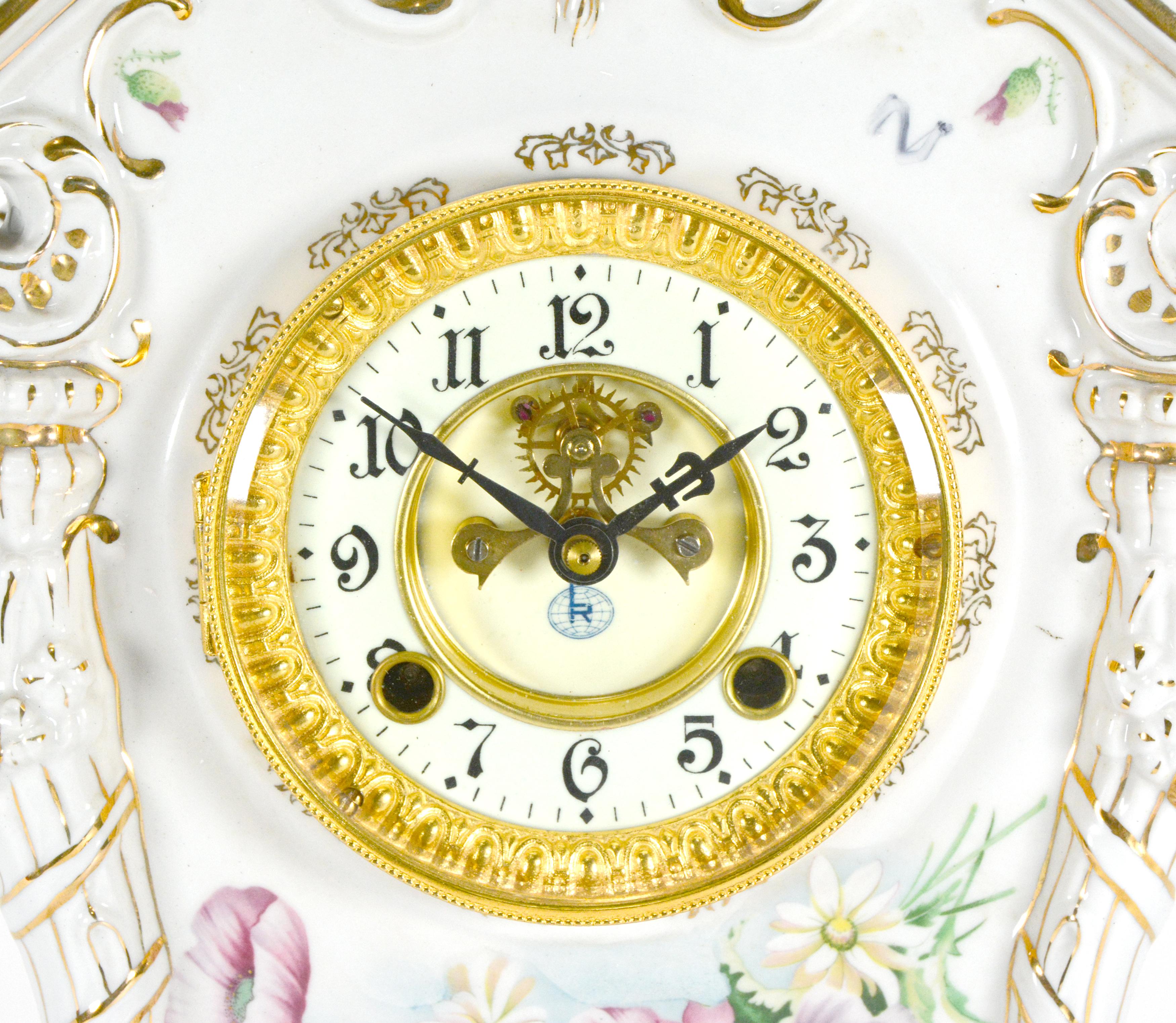 Gold Plate Ansonia Style Visible Escapement White Floral 24K Porcelain Mantle Clock For Sale