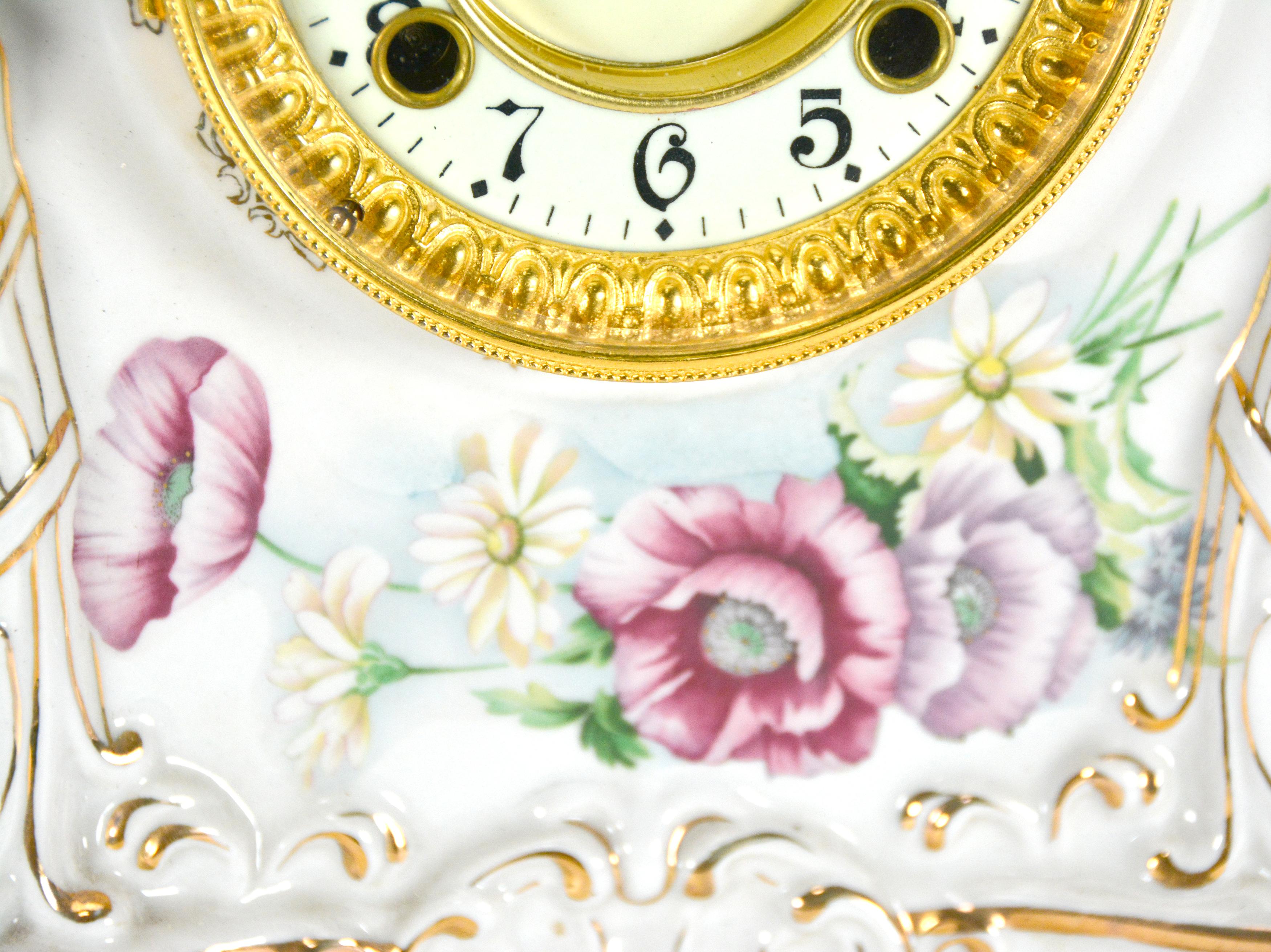 Ansonia Style Visible Escapement White Floral 24K Porcelain Mantle Clock For Sale 2