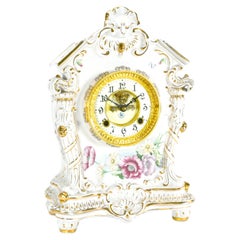 Ansonia Style Visible Escapement White Floral 24K Porcelain Mantle Clock