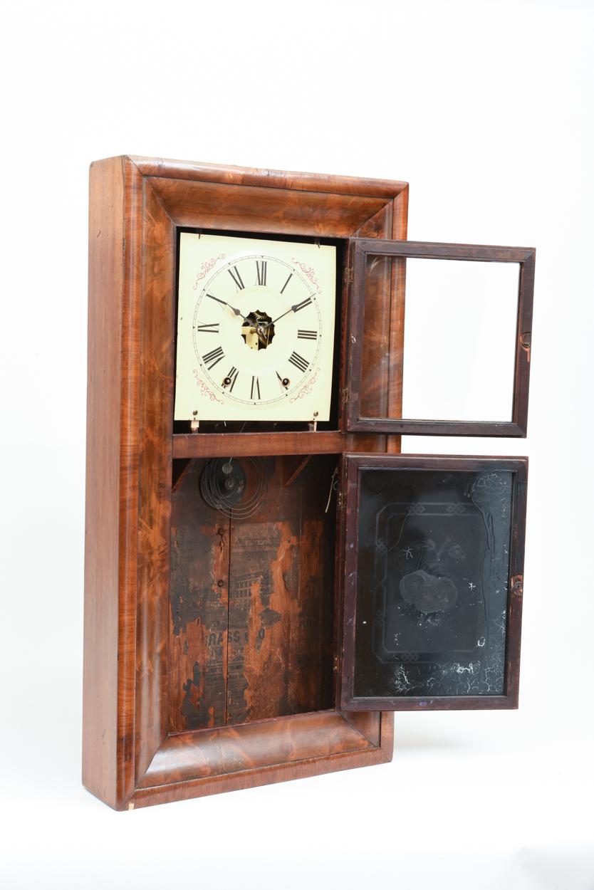 Ansonian Burled Walnut Case Wall Clock In Good Condition In Tarry Town, NY