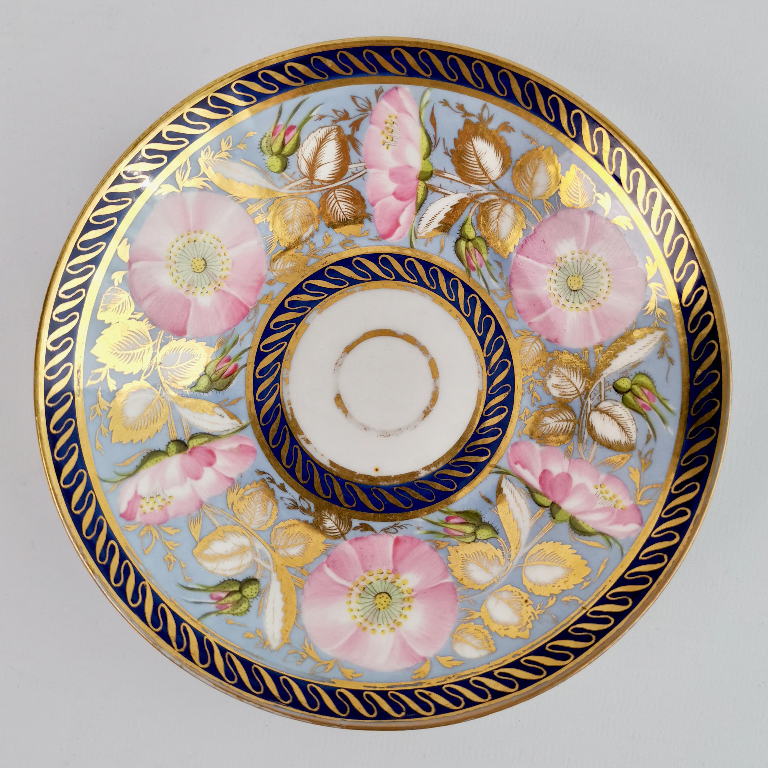 English Anstice Horton & Rose Coffee Cup, Periwinkle and Pink Roses, Regency ca 1812