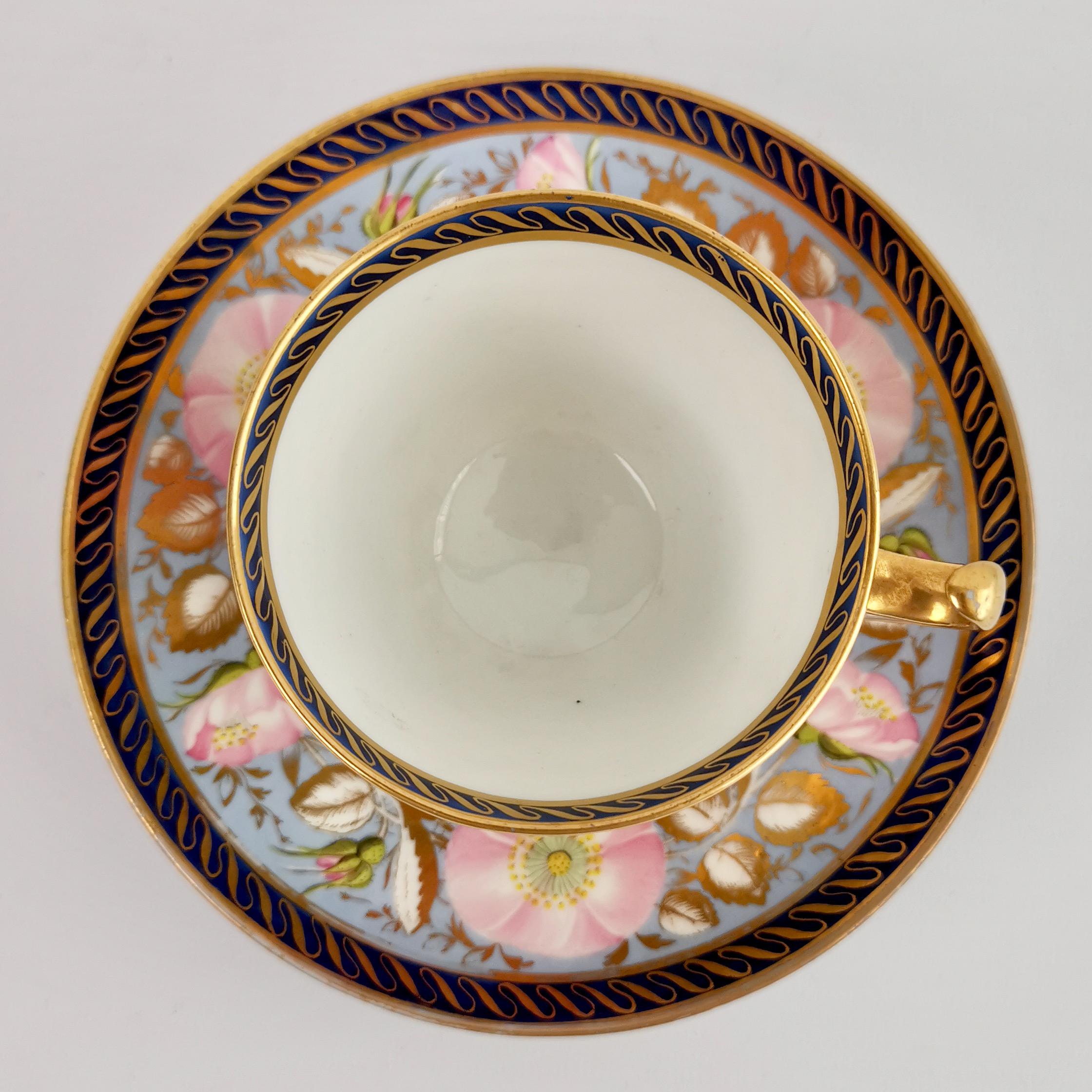 Hand-Painted Anstice Horton & Rose Coffee Cup, Periwinkle and Pink Roses, Regency ca 1812
