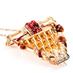 Ansuini 1940 Stemma Design Diamond Rubies 18K Yellow Gold Pendant Necklace Pin