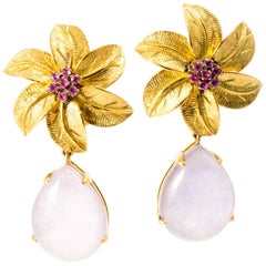 Ansuini 1980 Floral Pendant Rubies Lavender Drop 18K Gold Earrings
