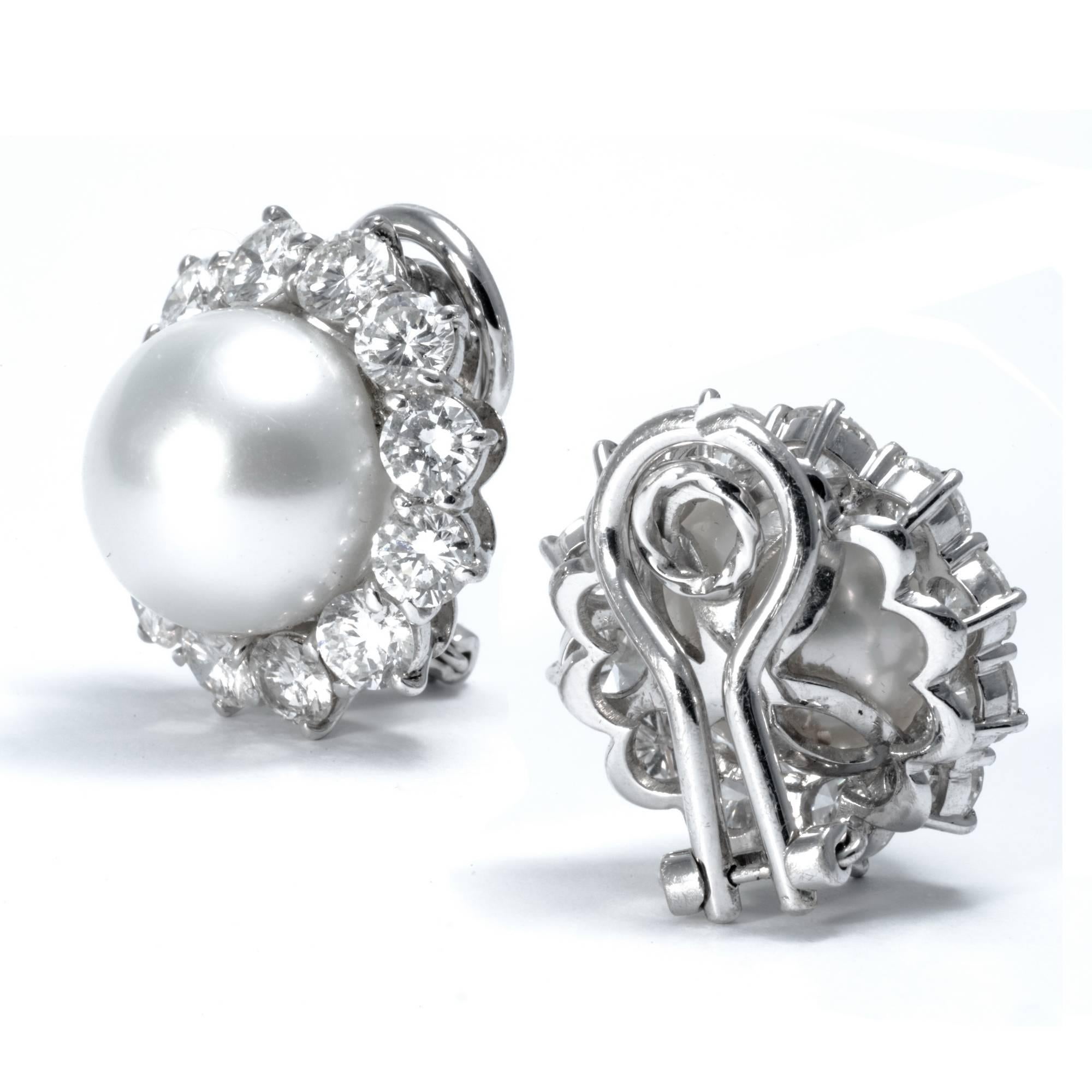 Ansuini Classic 1960 Pearl and Diamond Platinum Studs Earrings In Excellent Condition In Roma, IT