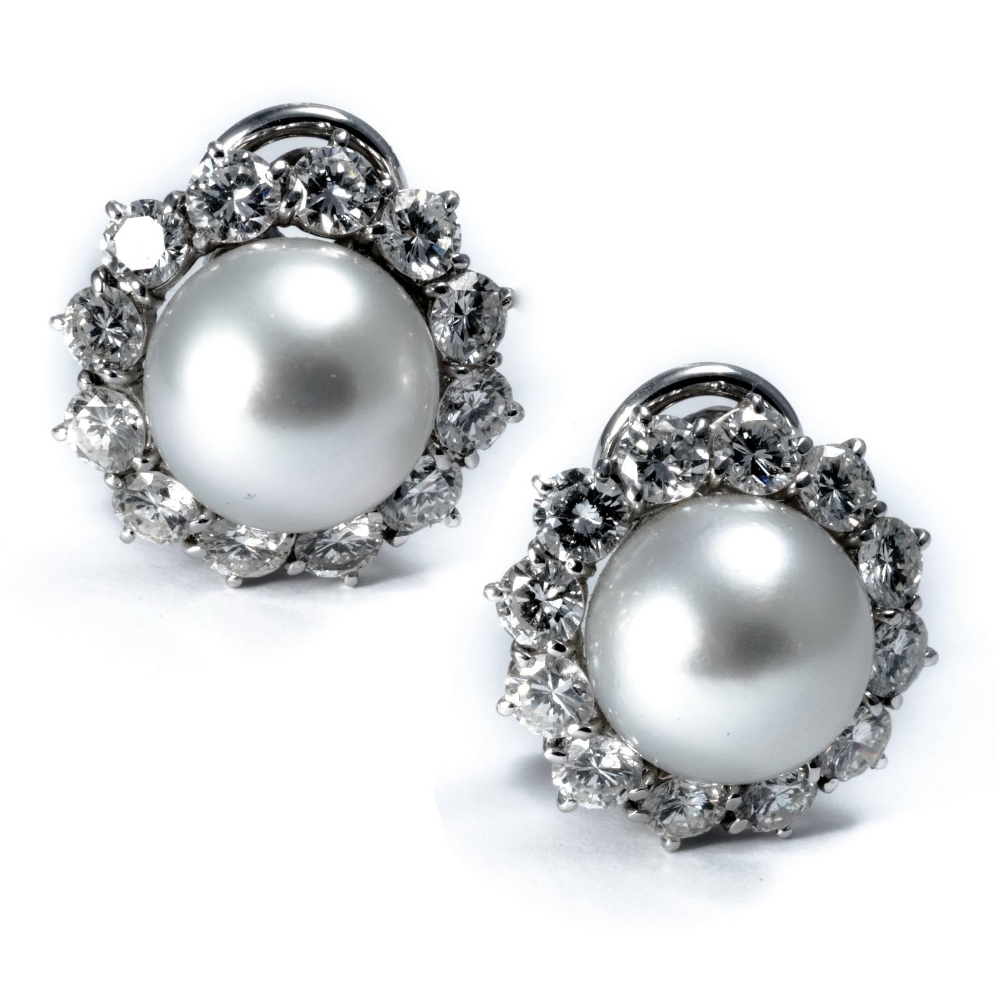 Ansuini Classic 1960 Pearl and Diamond Platinum Studs Earrings 2