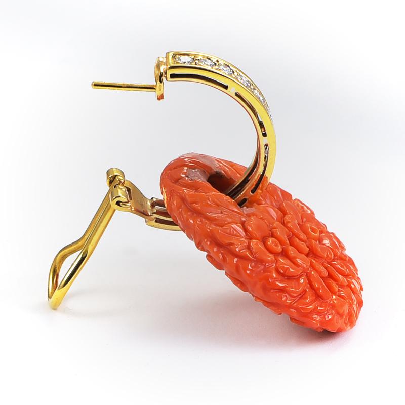Classical Roman Ansuini Coral Hand Carved Earrings 18 Karat Gold with Diamonds For Sale
