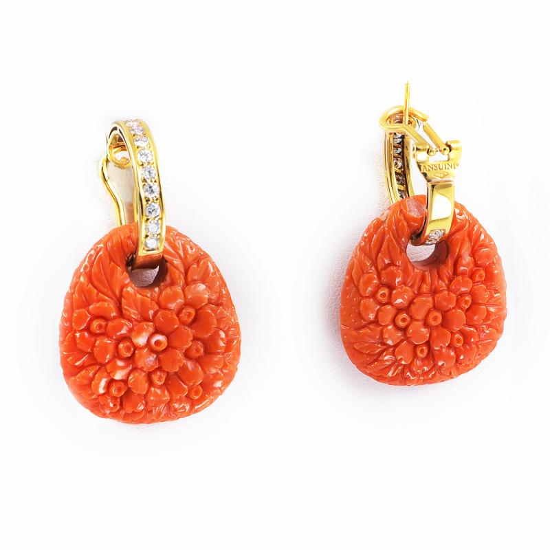 Women's Ansuini Coral Hand Carved Earrings 18 Karat Gold with Diamonds For Sale