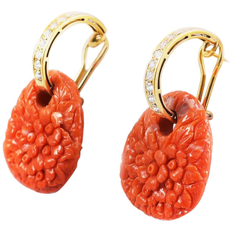 Ansuini Coral Hand Carved Earrings 18 Karat Gold with Diamonds For Sale