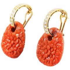 Ansuini Coral Hand Carved Earrings 18 Karat Gold with Diamonds