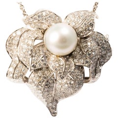 Ansuini Diamonds and Pearl 18K White Gold Evening Pendant Necklace and Pin