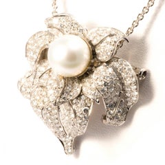 Ansuini Diamonds and Pearl 18K White Gold Evening Pendant Necklace and Pin
