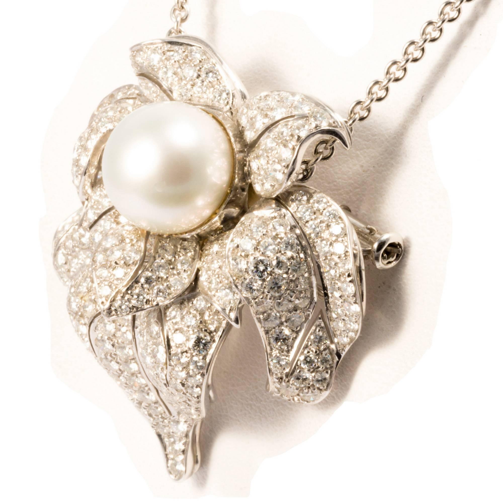 Ansuini Diamonds and Pearl 18K White Gold Evening Pendant Necklace and Pin In New Condition For Sale In Roma, IT