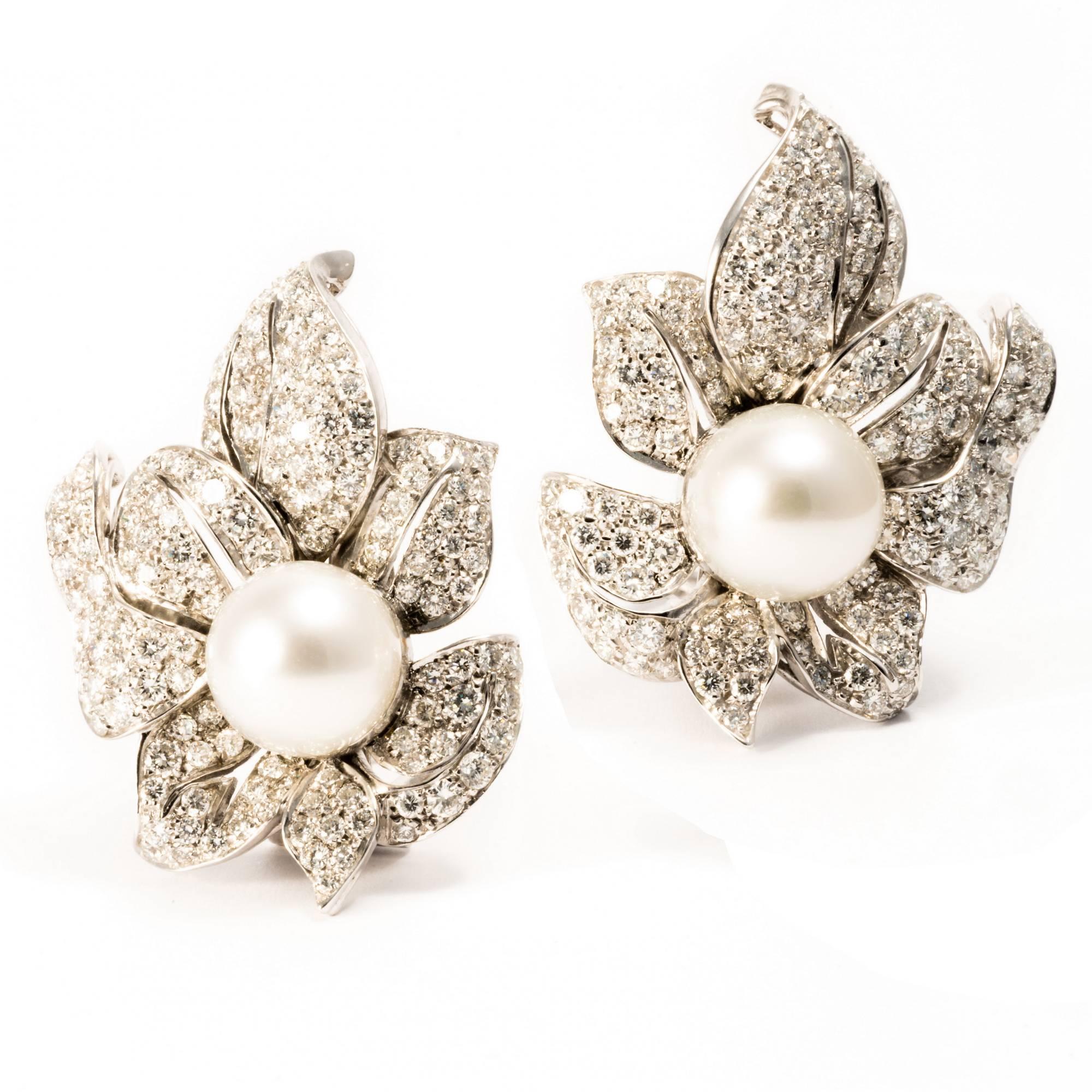 Ansuini Diamonds and Pearls 18K White Gold Orchid Earrings For Sale 2