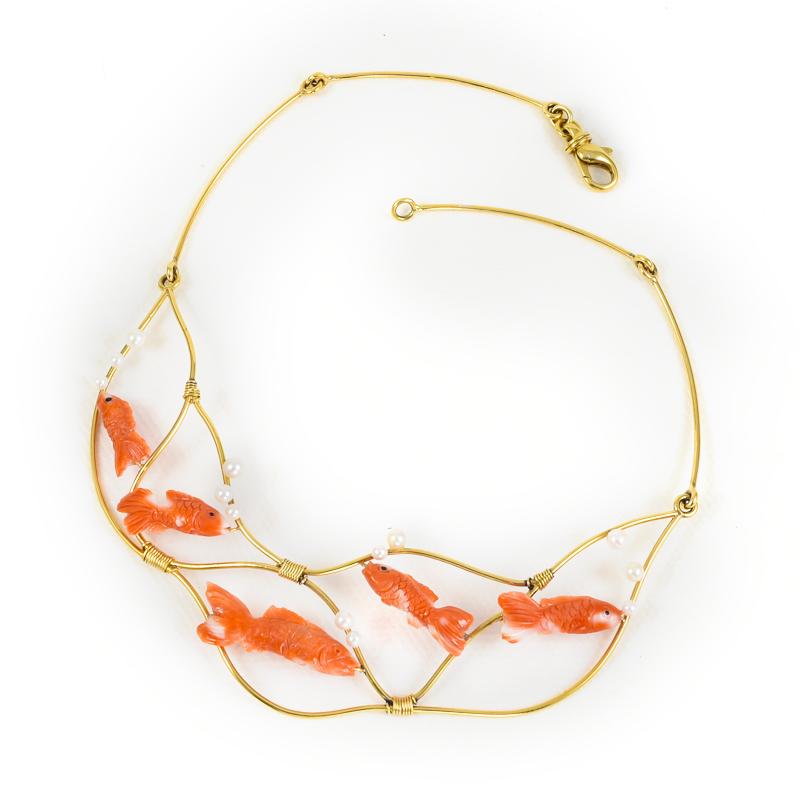 Artist Ansuini Original Fish Coral 18 Karat Gold Necklace with Pearls For Sale