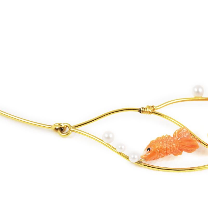 Women's Ansuini Original Fish Coral 18 Karat Gold Necklace with Pearls For Sale