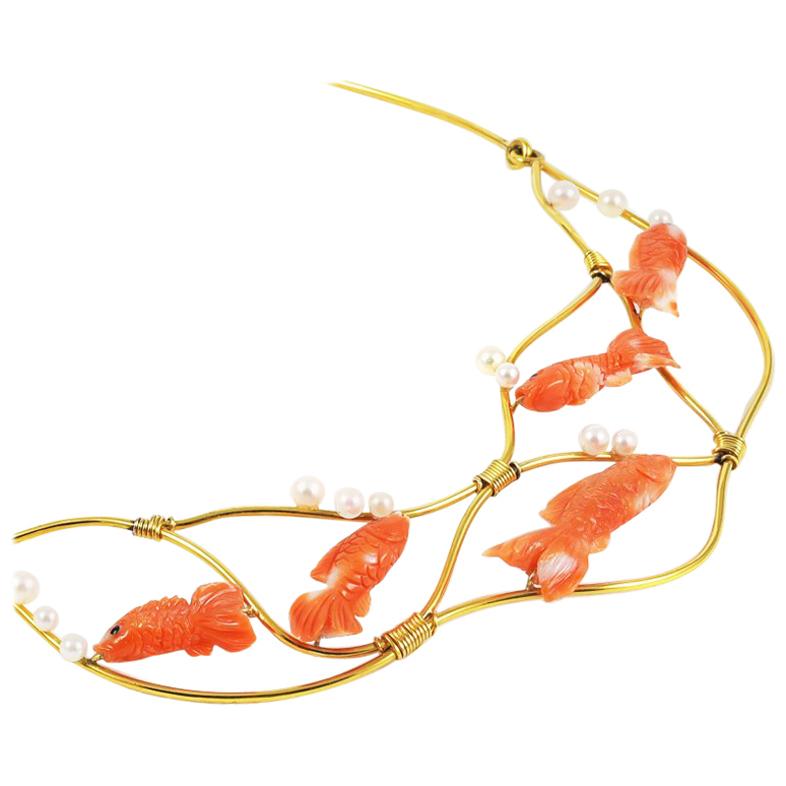 Ansuini Original Fish Coral 18 Karat Gold Necklace with Pearls For Sale