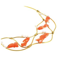 Ansuini Original Fish Coral 18 Karat Gold Necklace with Pearls
