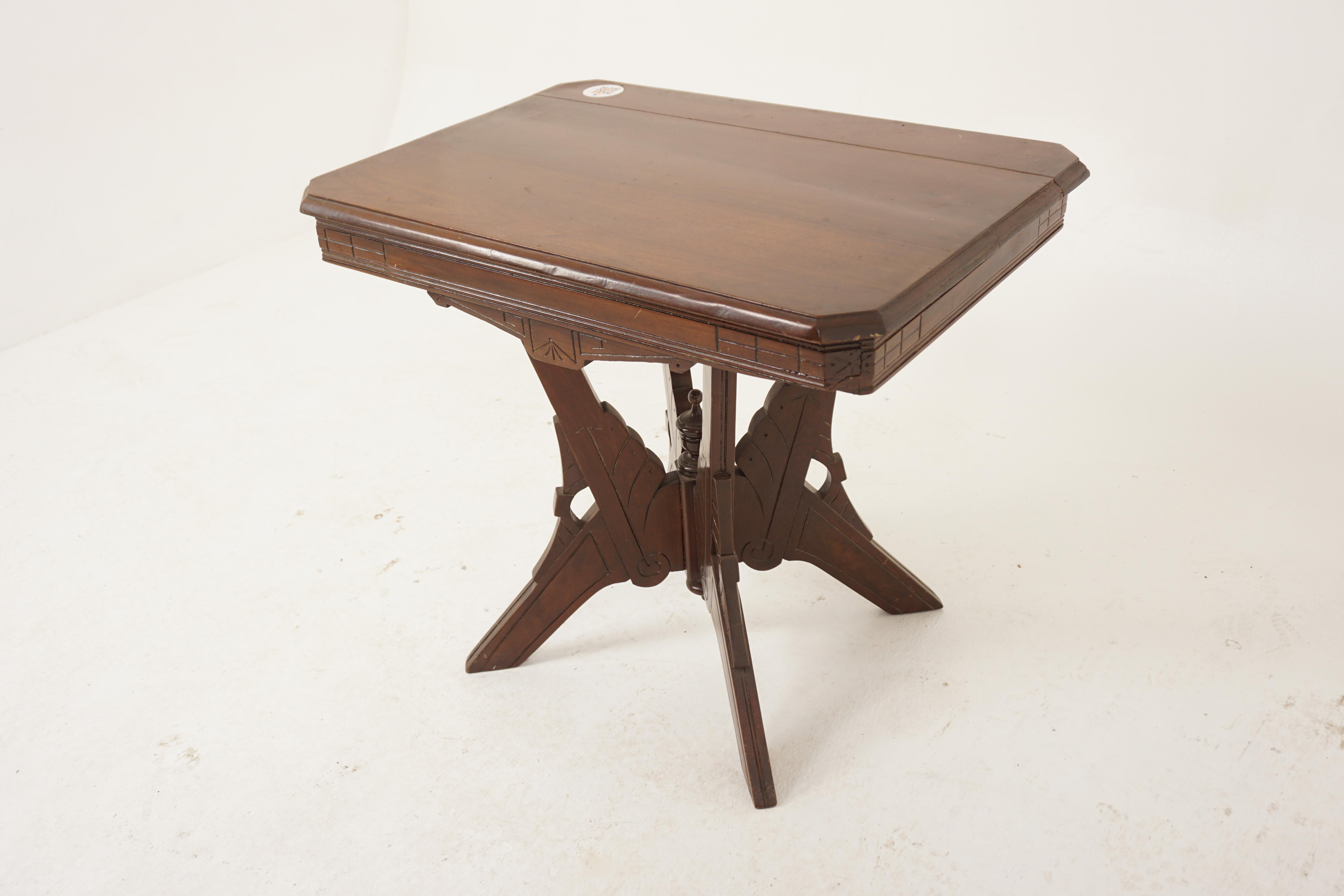 Ant. American carved walnut Eastlake parlour table, American, 1890.

American, 1890
Solid walnut
Original finish
Rectangular moulded top with beveled edge.
Standing on four carved legs with center finial.
All solid in joint.
Does have a