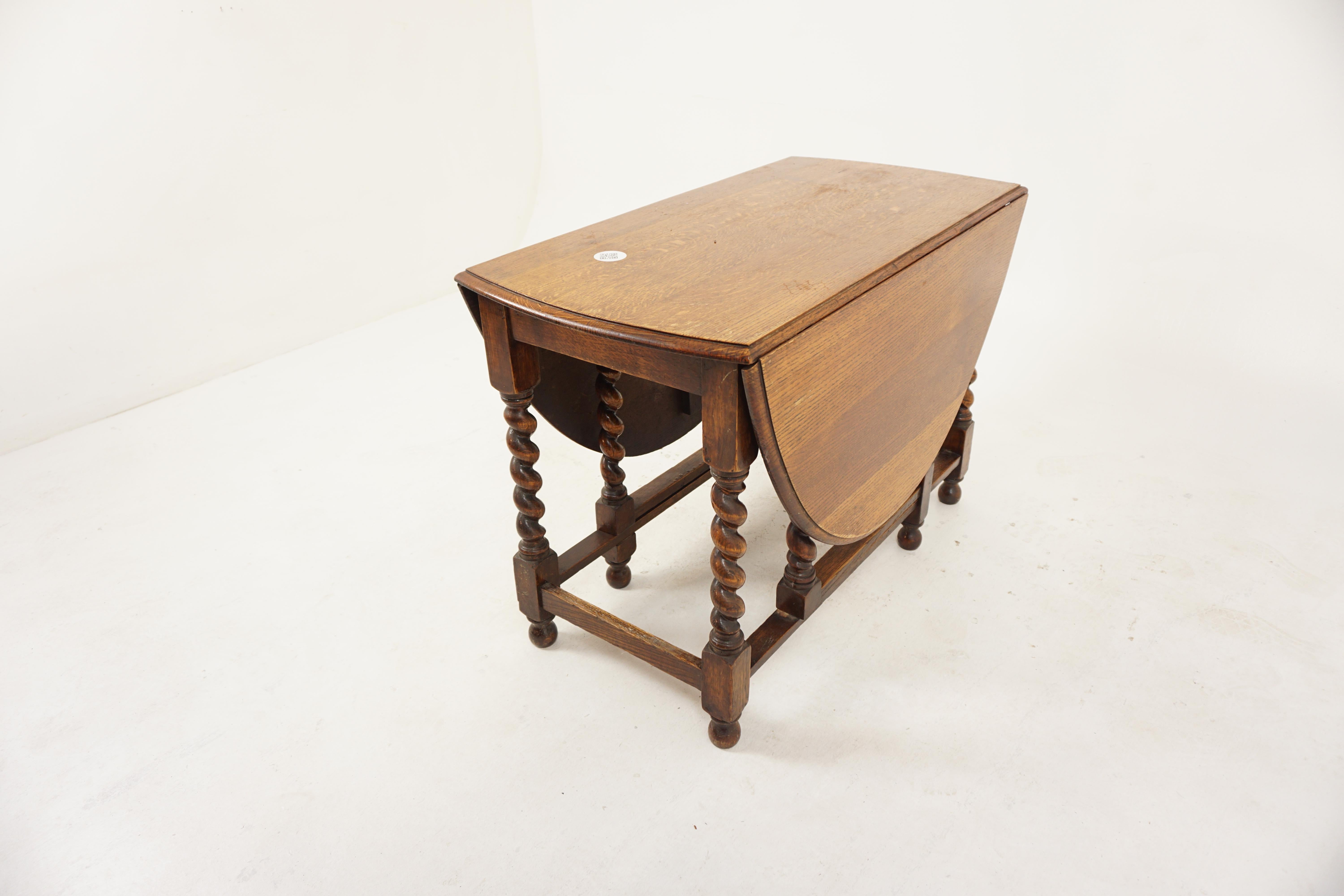 Ant. Barley Twist Oak Gateleg Table, Drop Leaf Table, Dining Table, Scotland 1910, H734

Scotland 1910
Solid Oak
Original Finish
Oval top with moulded edge
Pair of drop leaves to the sides
All standing on robust barley twist legs with connecting