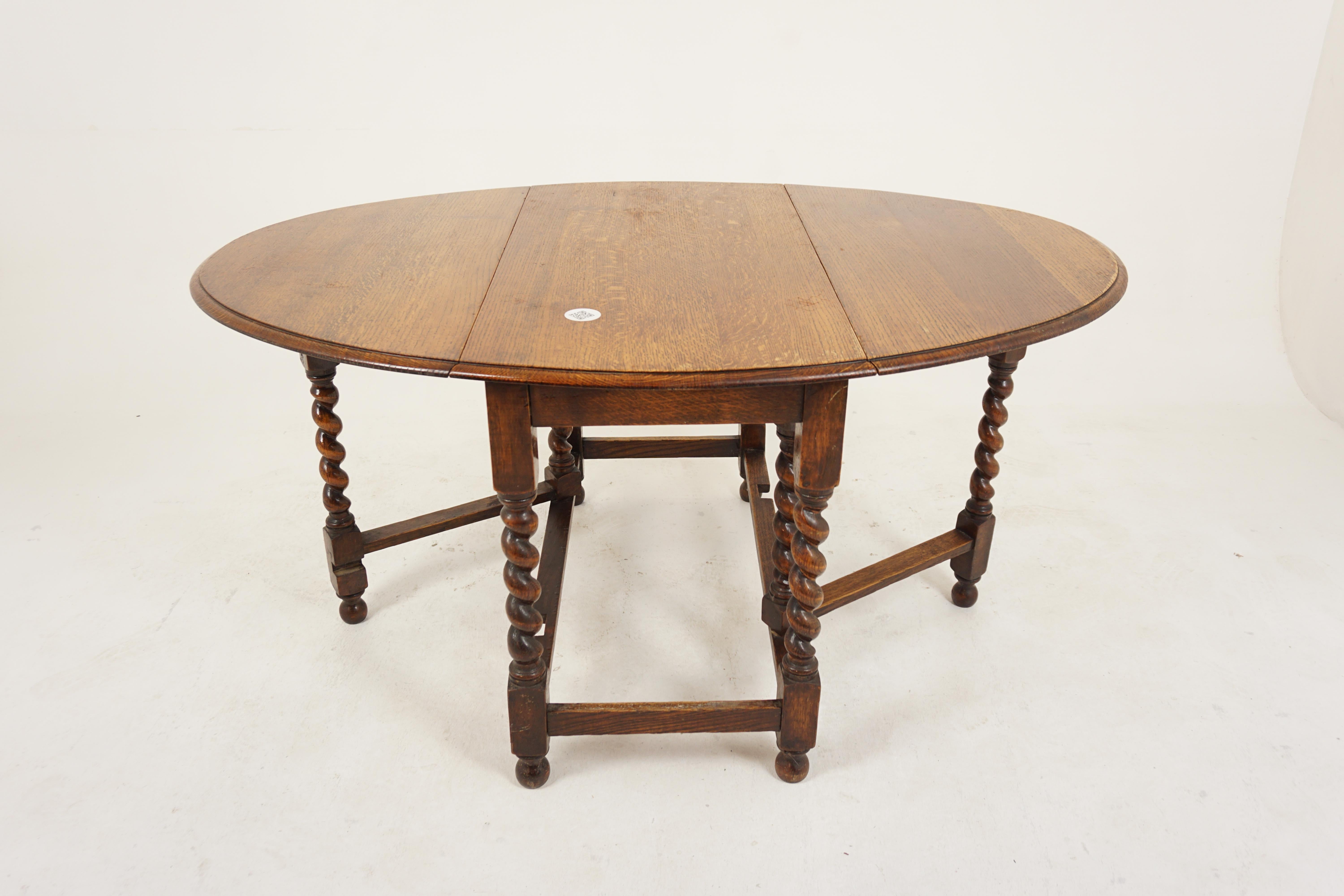 Ant. Barley Twist Oak Gateleg Table, Drop Leaf/Dining Table, Scotland 1910, H734 In Good Condition For Sale In Vancouver, BC