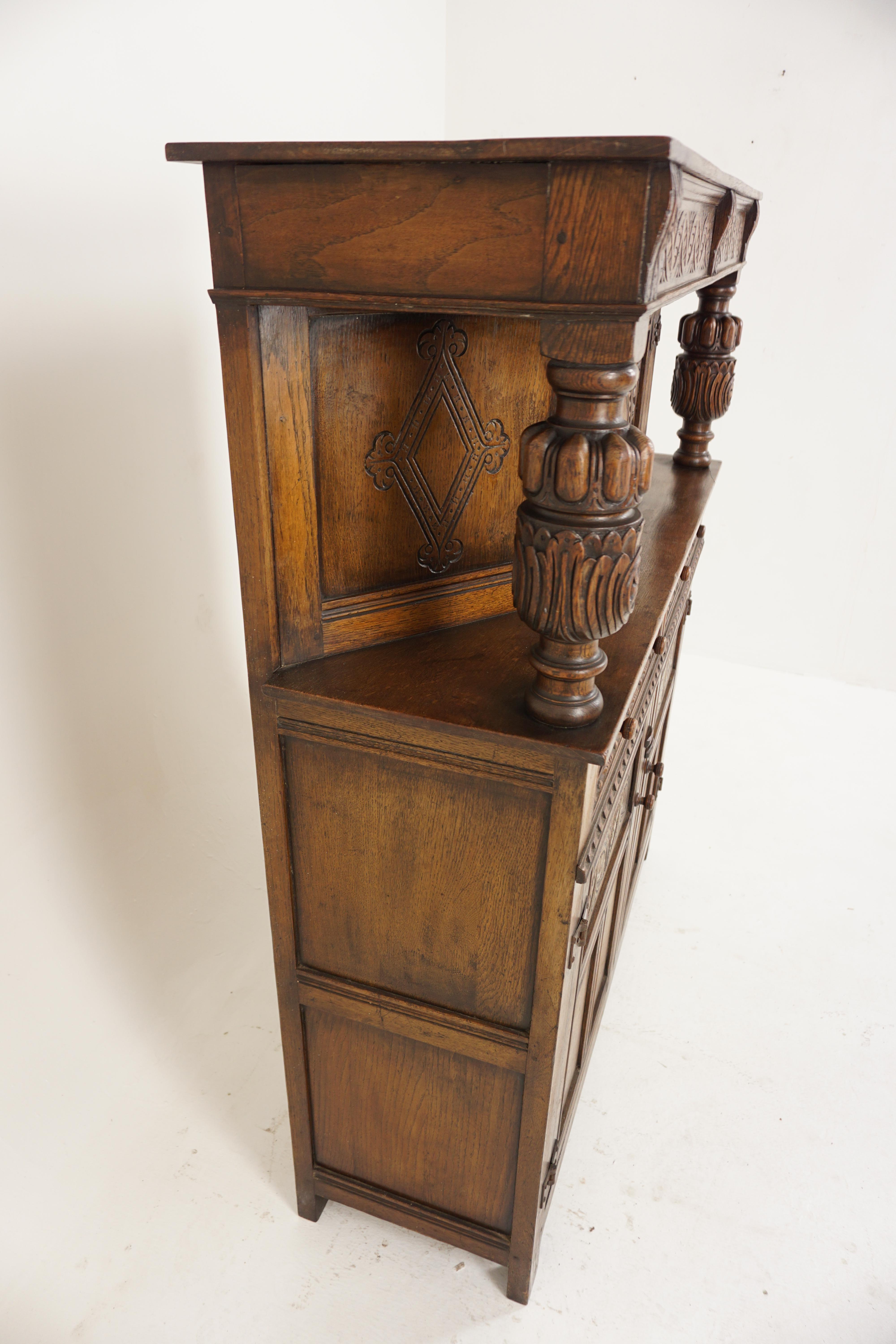 Ant. Carved Oak Court Cupboard, Sideboard Buffet and Hutch, Scotland 1920, H727 For Sale 5
