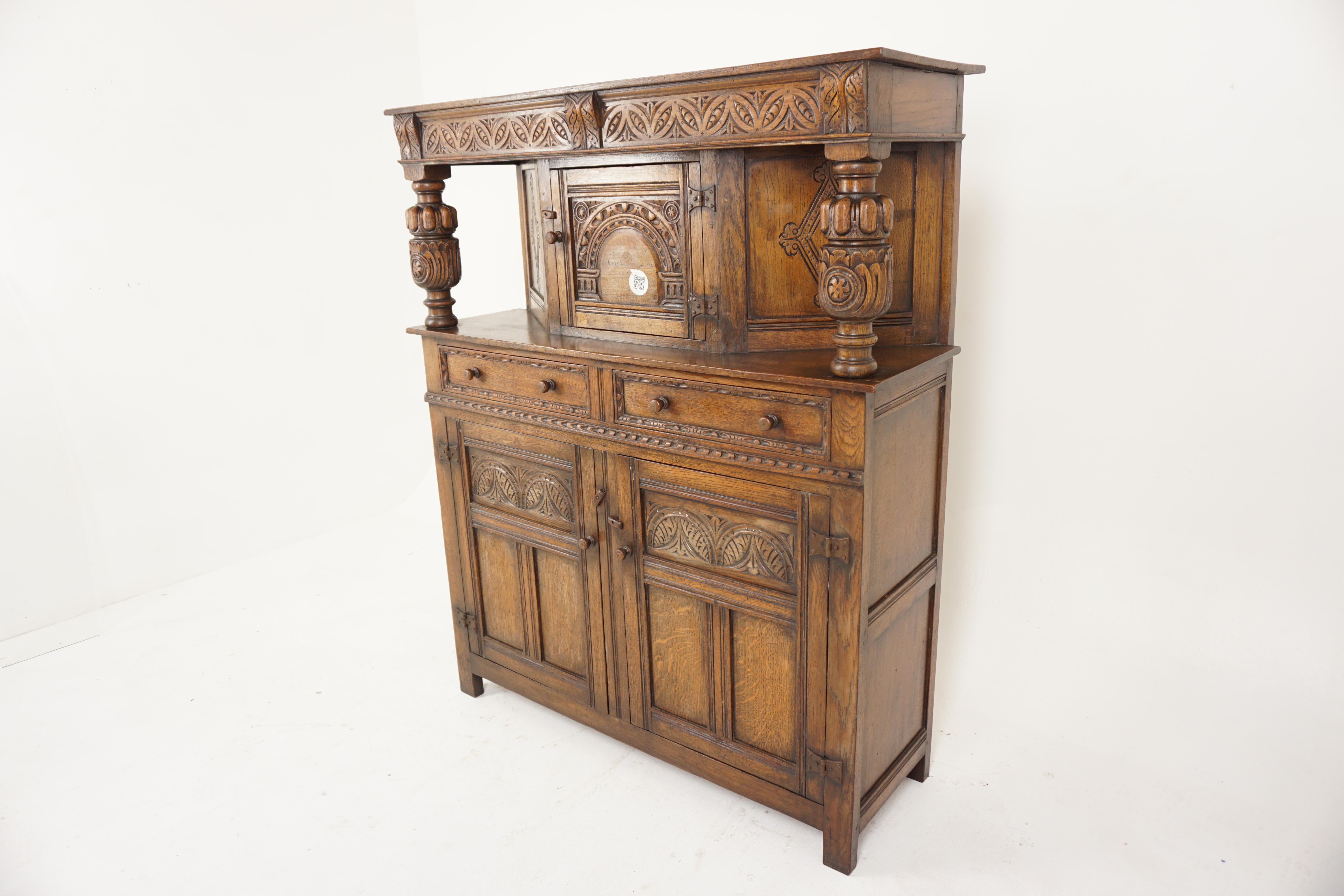 Antique Carved Oak Court Cupboard, Sideboard Buffet and Hutch, Scotland 1920, H727

Scotland 1920
Solid Oak
Original Finish
Rectangular top with carved frieze
With shaped cupboard under
Cupboard door to the center with carved panels to the