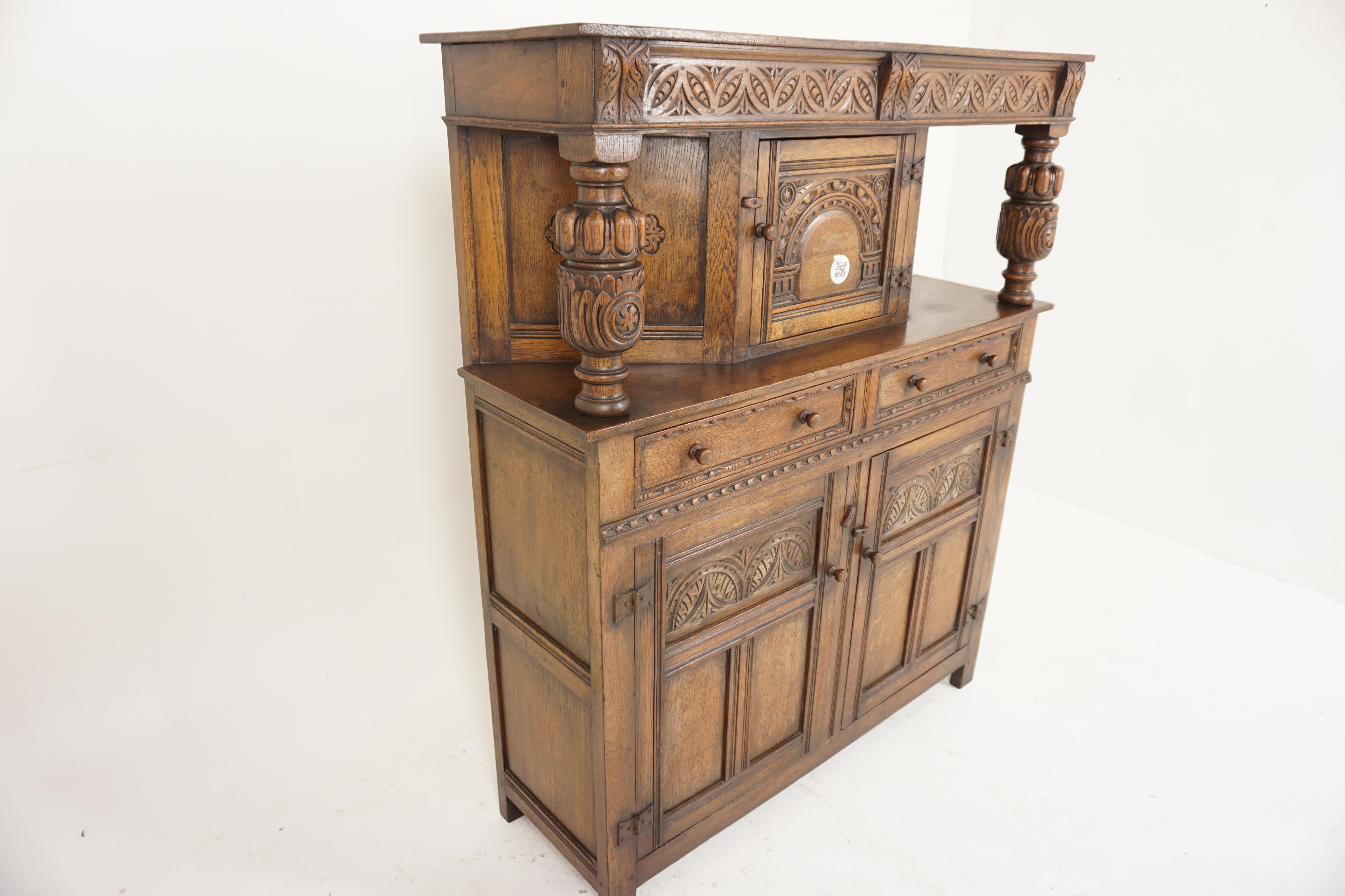 Scottish Ant. Carved Oak Court Cupboard, Sideboard Buffet and Hutch, Scotland 1920, H727 For Sale