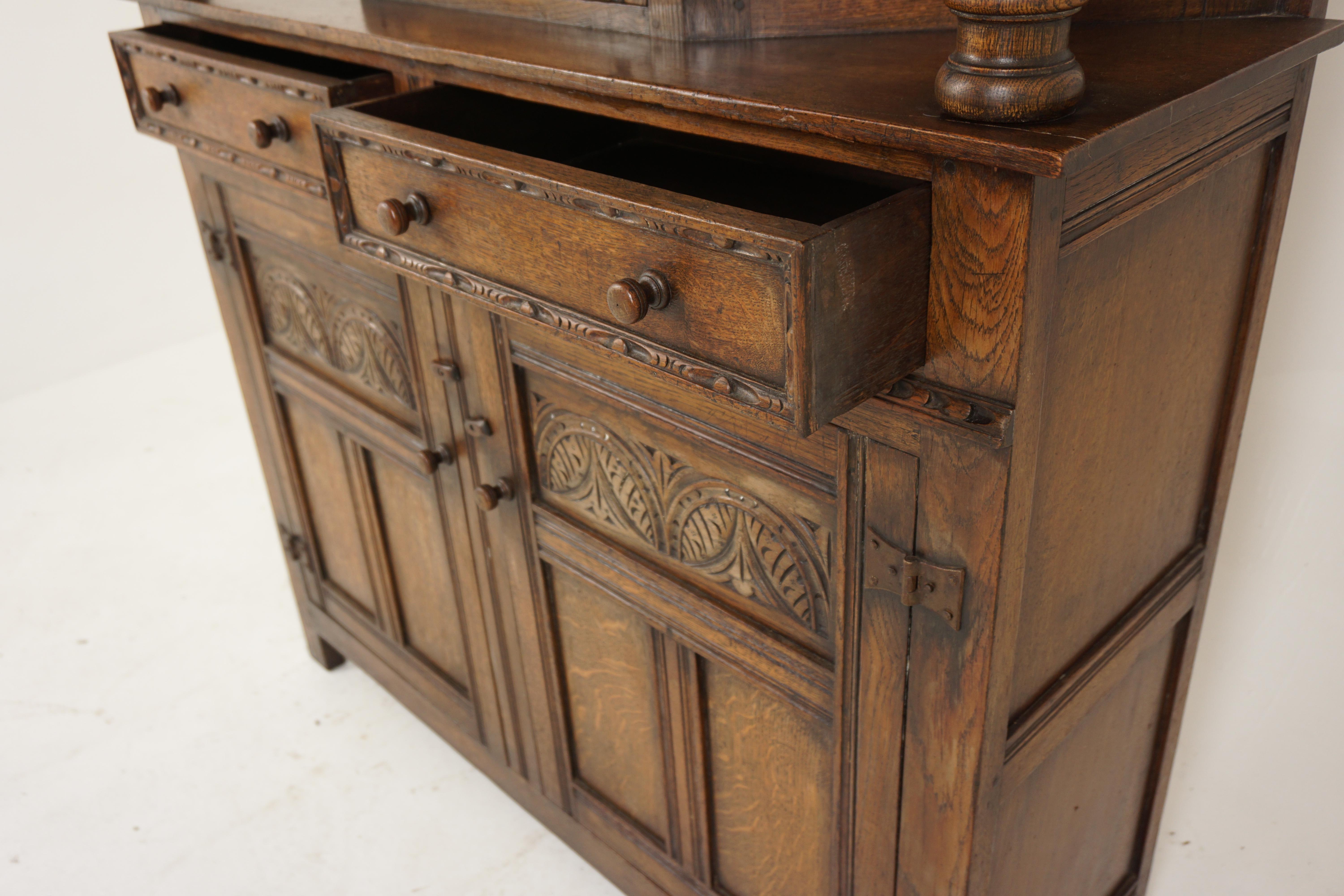 Ant. Carved Oak Court Cupboard, Sideboard Buffet and Hutch, Scotland 1920, H727 For Sale 1