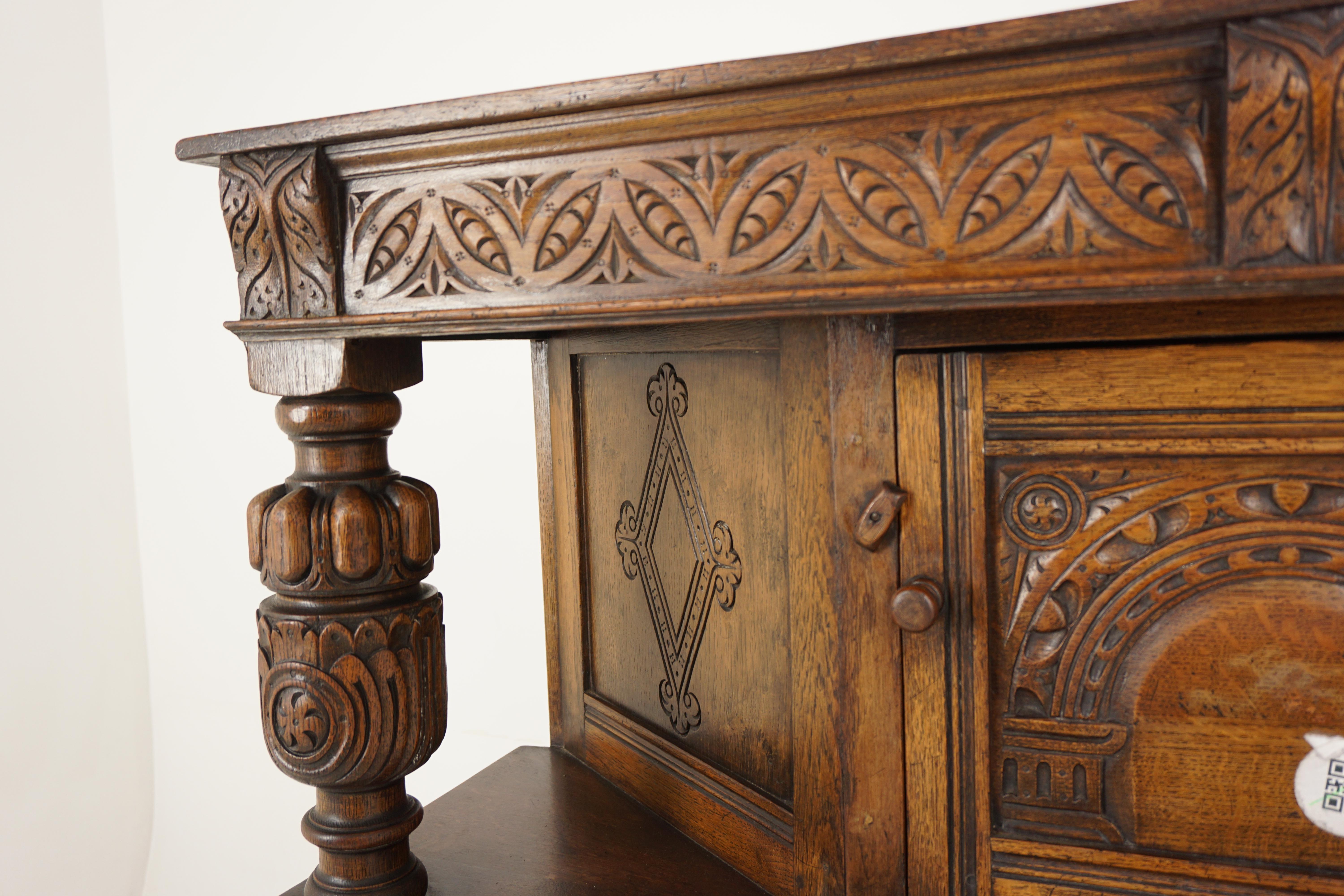 Ant. Carved Oak Court Cupboard, Sideboard Buffet and Hutch, Scotland 1920, H727 For Sale 2