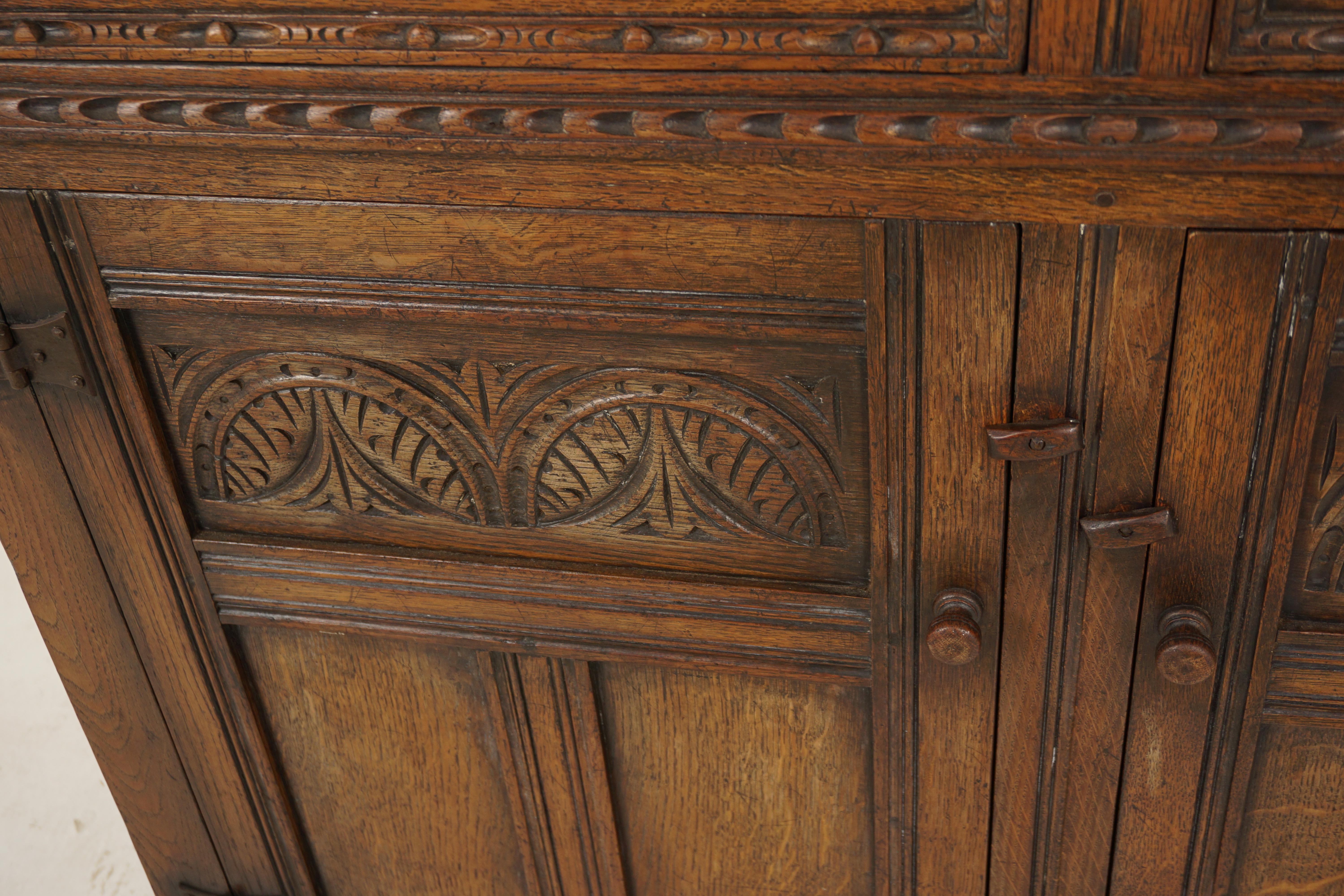 Ant. Carved Oak Court Cupboard, Sideboard Buffet and Hutch, Scotland 1920, H727 For Sale 3