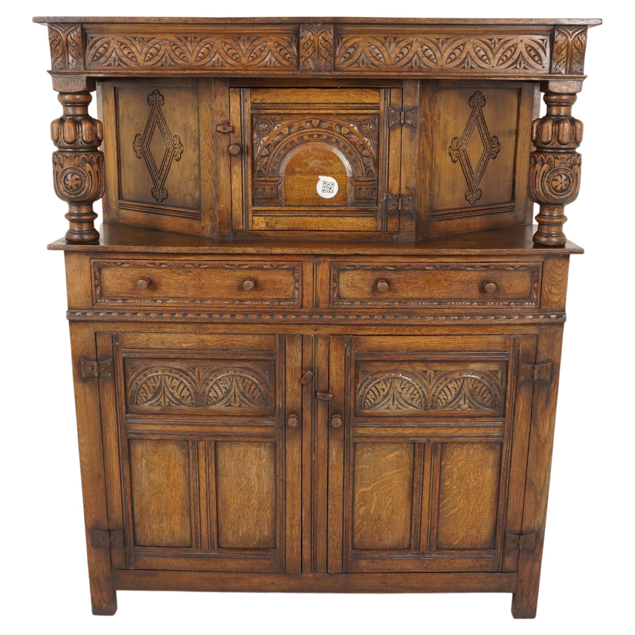 Ant. Carved Oak Court Cupboard, Sideboard Buffet and Hutch, Scotland 1920, H727 For Sale